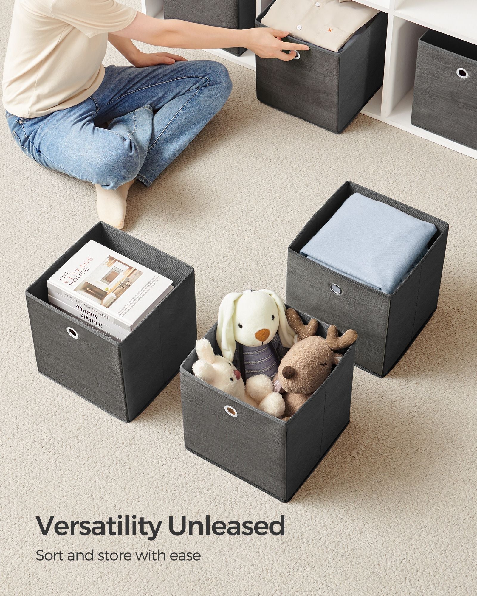 Set of 6 Storage Boxes – Non-Woven and Oxford Fabric – Rustic Brown and Black – Foldable with Handle