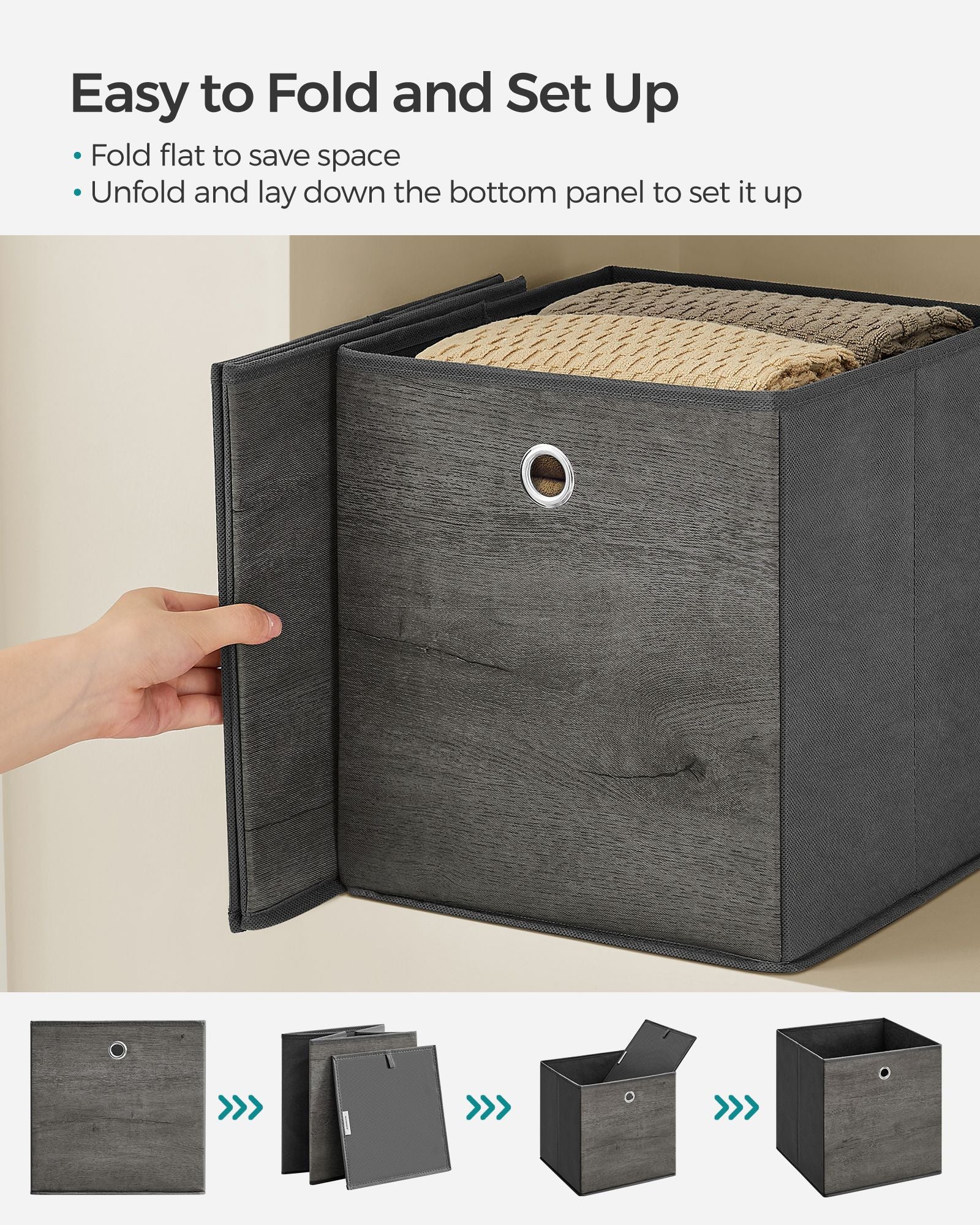 Set of 6 Storage Boxes – Non-Woven and Oxford Fabric – Rustic Brown and Black – Foldable with Handle