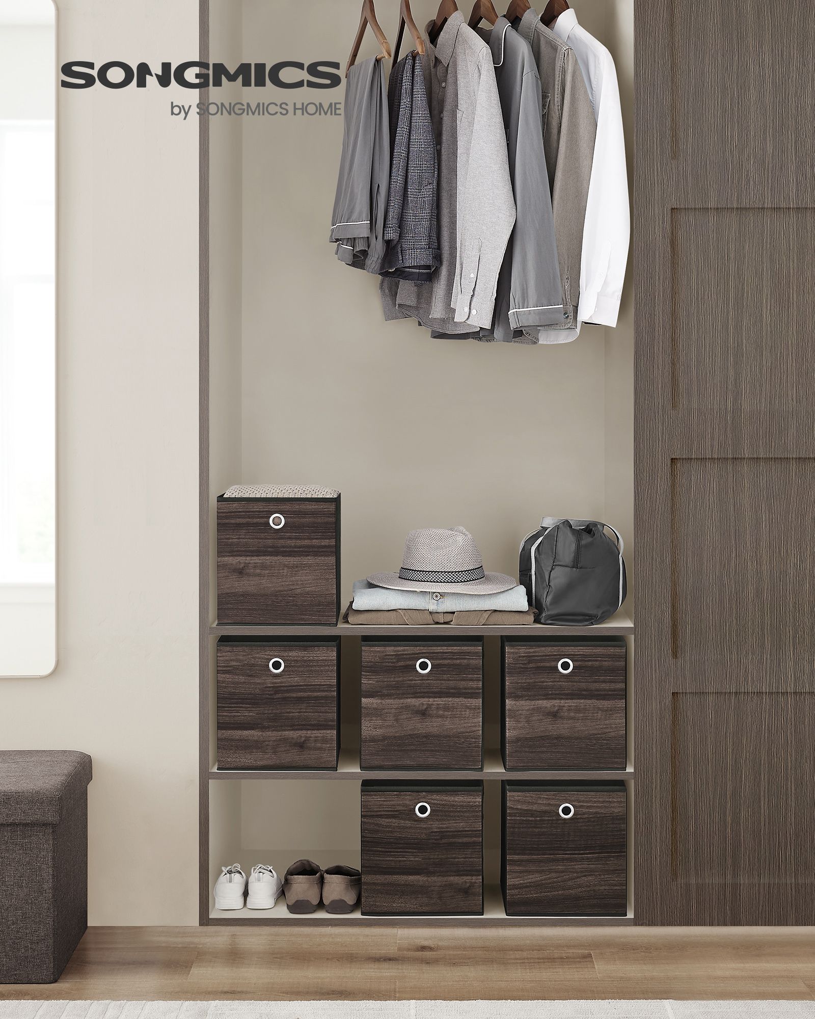 Set of 6 Foldable Storage Bins – Oxford and Non-Woven Fabric – Chestnut Brown – Featuring Handles