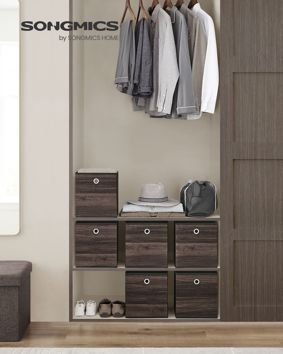 Set of 6 Foldable Storage Bins – Oxford and Non-Woven Fabric – Chestnut Brown – Featuring Handles