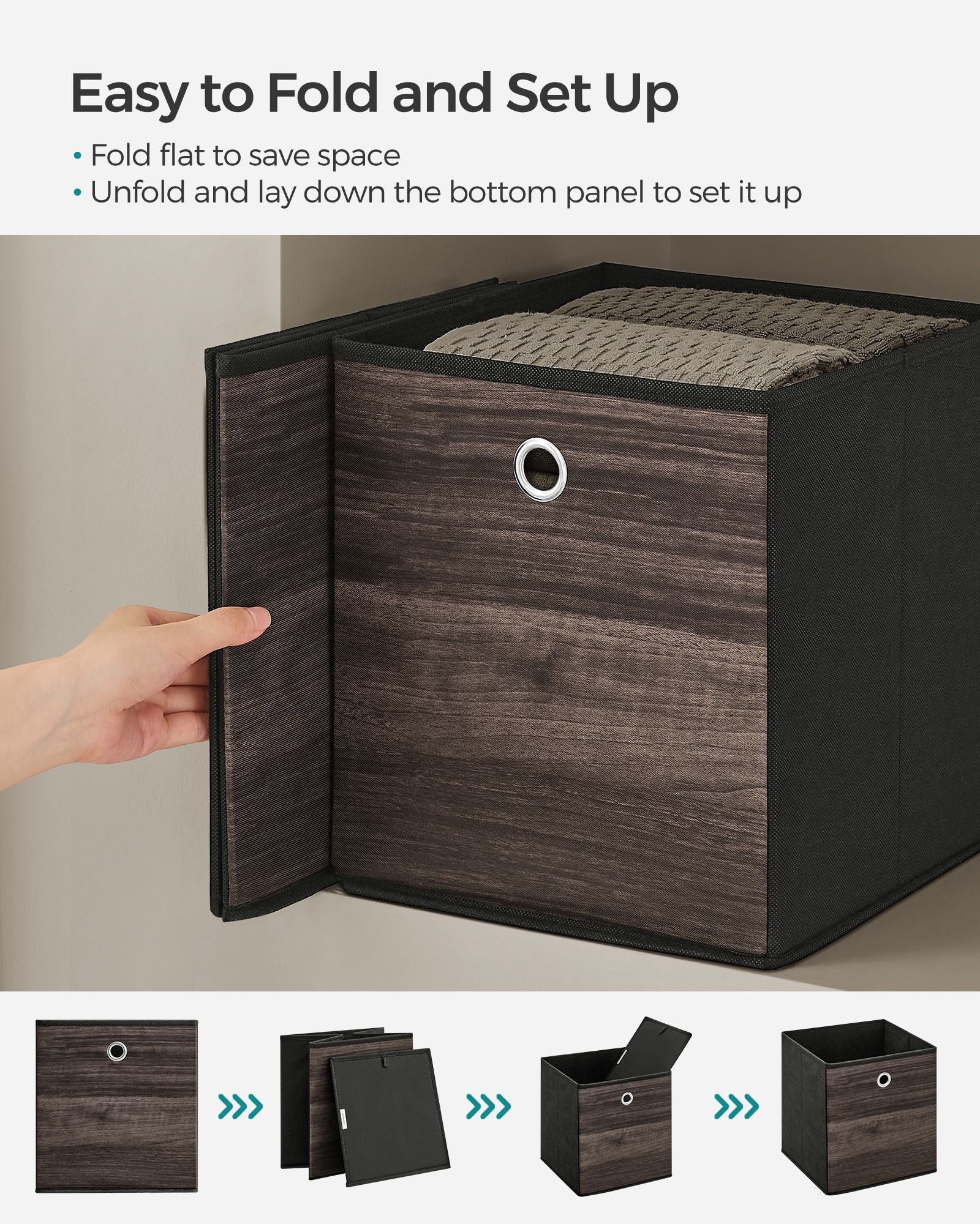 Set of 6 Foldable Storage Bins – Oxford and Non-Woven Fabric – Chestnut Brown – Featuring Handles