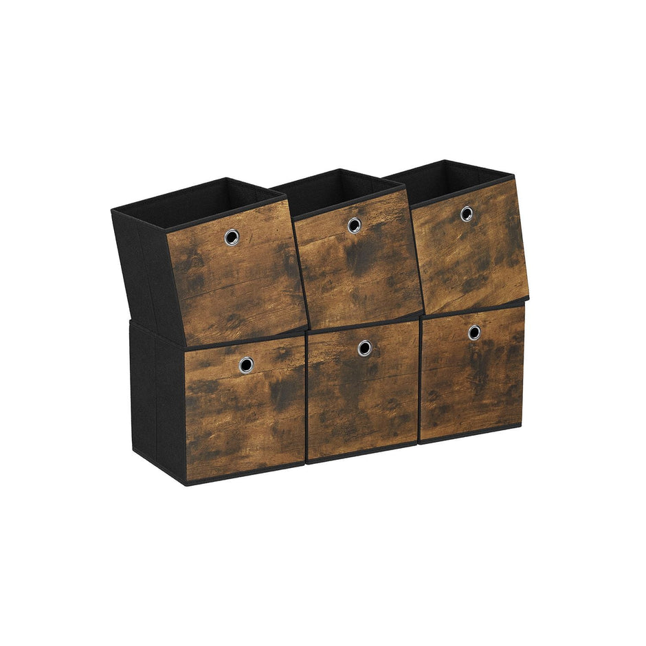 Foldable Storage Cubes – Oxford & Non-Woven Fabric – Rustic Brown & Black – Set of 6, 33cm Size with Handles