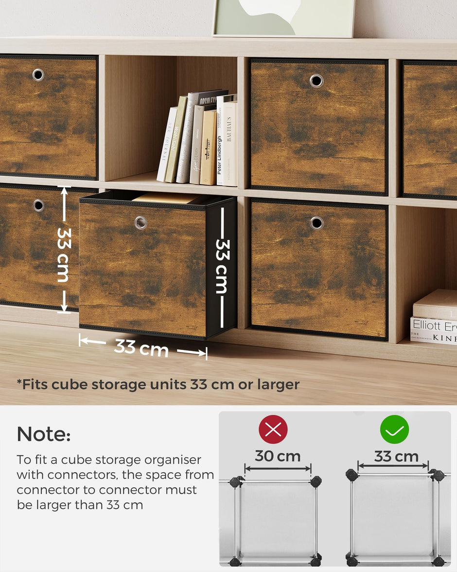 Foldable Storage Cubes – Oxford & Non-Woven Fabric – Rustic Brown & Black – Set of 6, 33cm Size with Handles