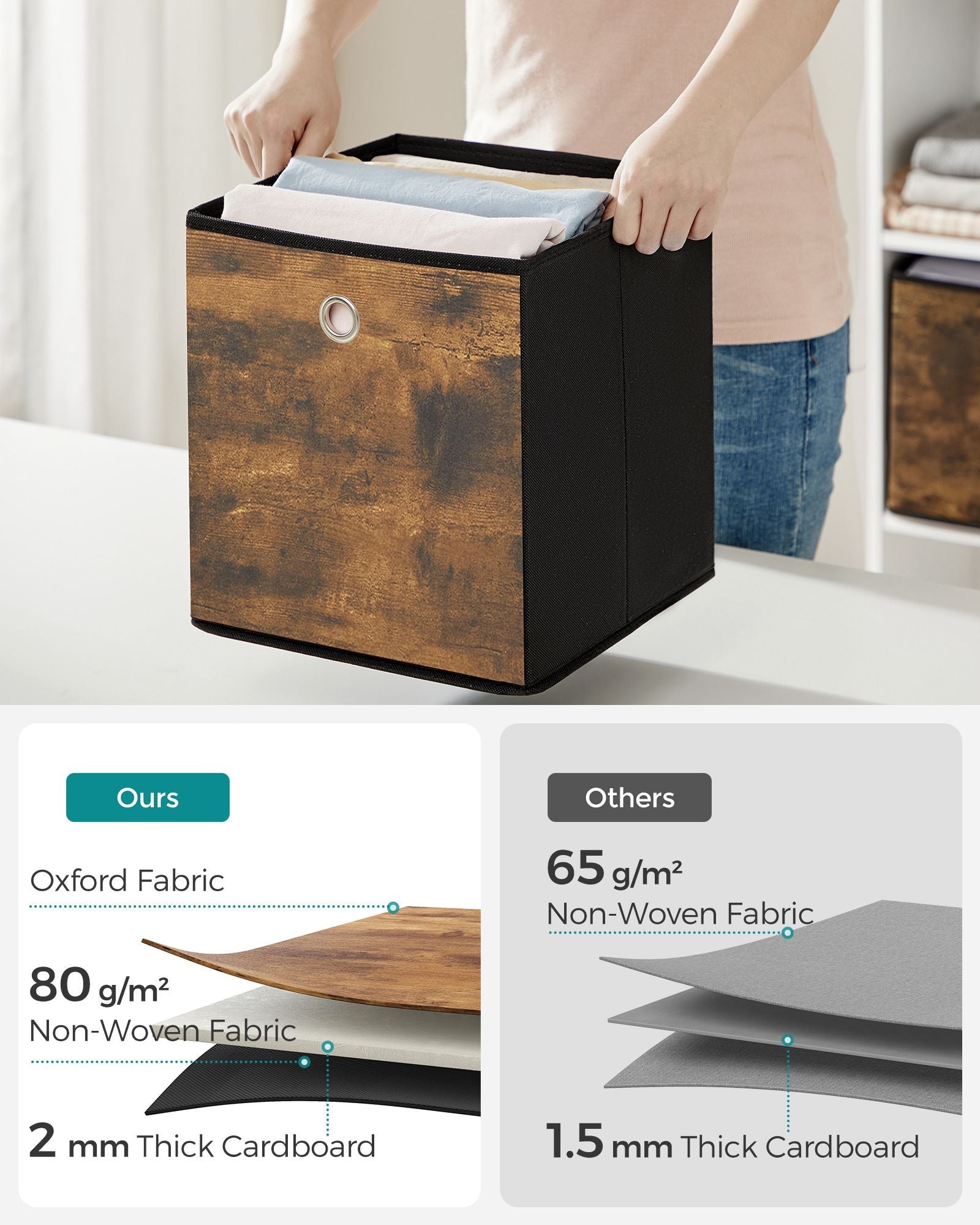 Foldable Storage Cubes – Oxford & Non-Woven Fabric – Rustic Brown & Black – Set of 6, 33cm Size with Handles