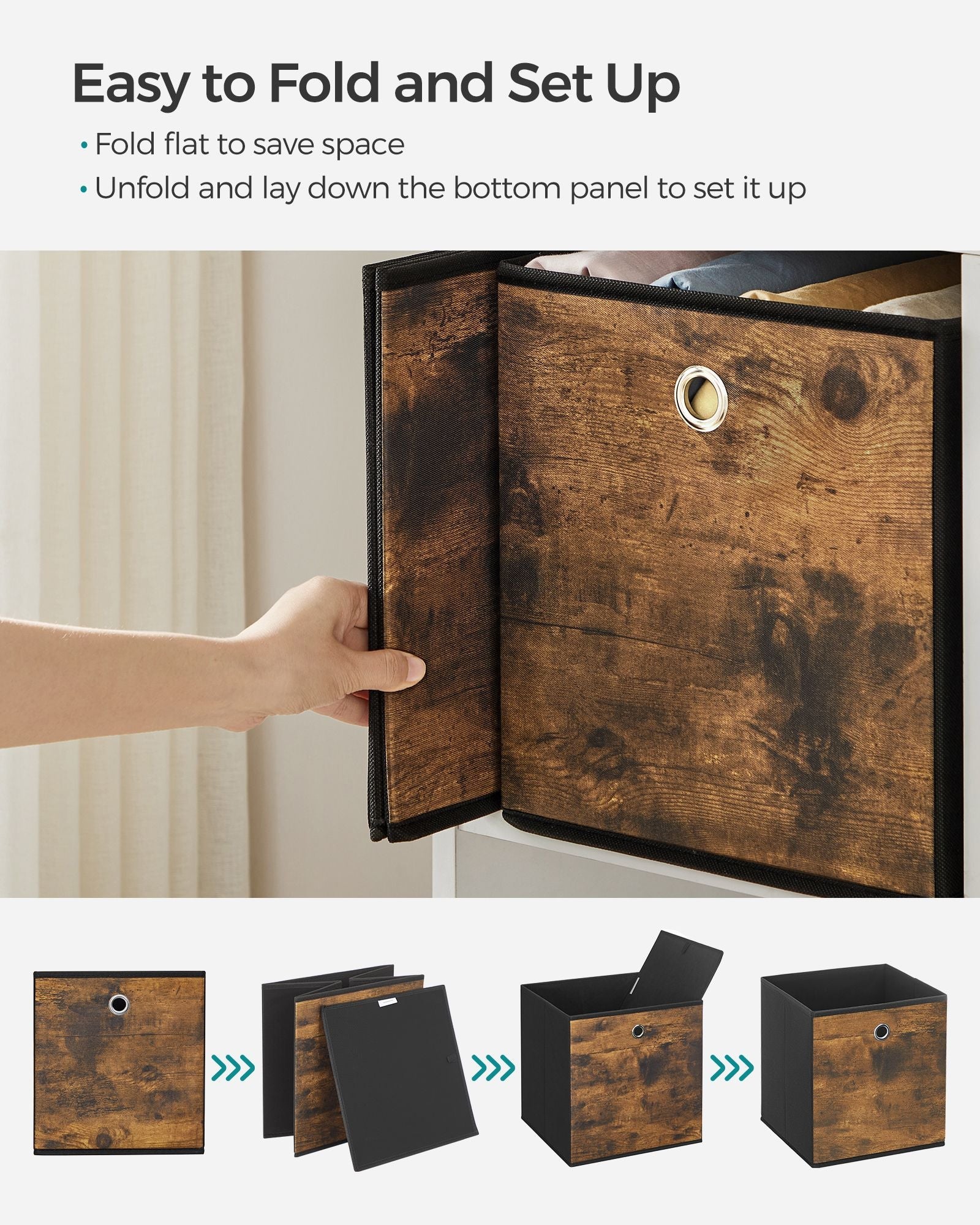 Foldable Storage Cubes – Oxford & Non-Woven Fabric – Rustic Brown & Black – Set of 6, 33cm Size with Handles