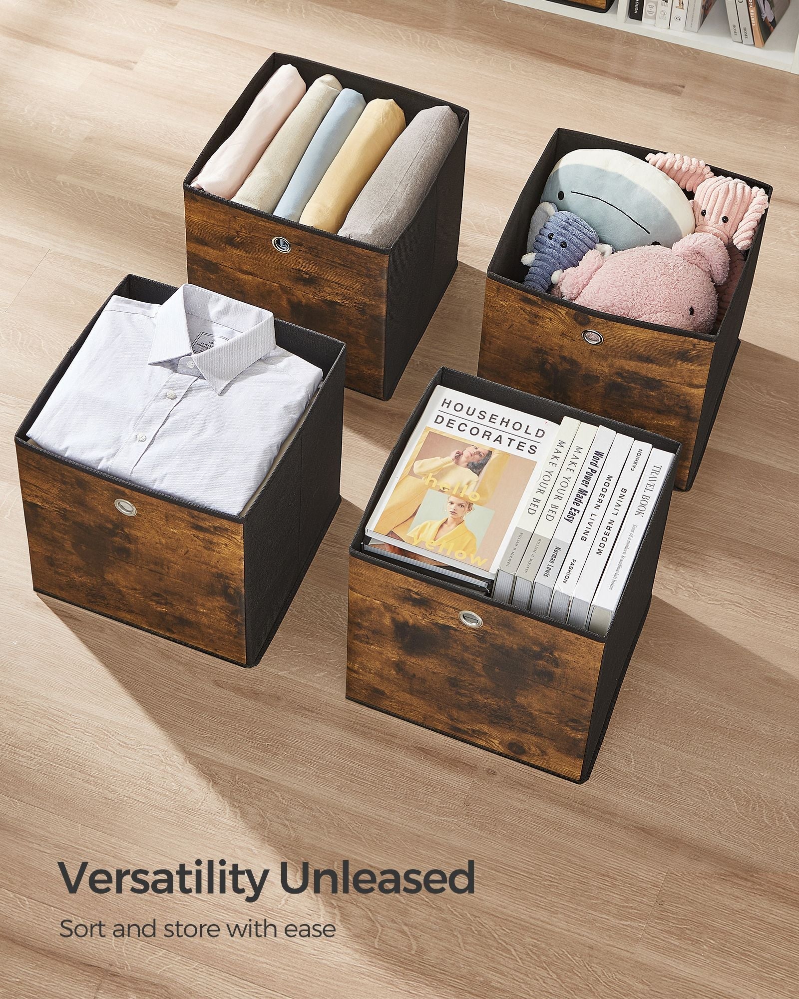Foldable Storage Cubes – Oxford & Non-Woven Fabric – Rustic Brown & Black – Set of 6, 33cm Size with Handles