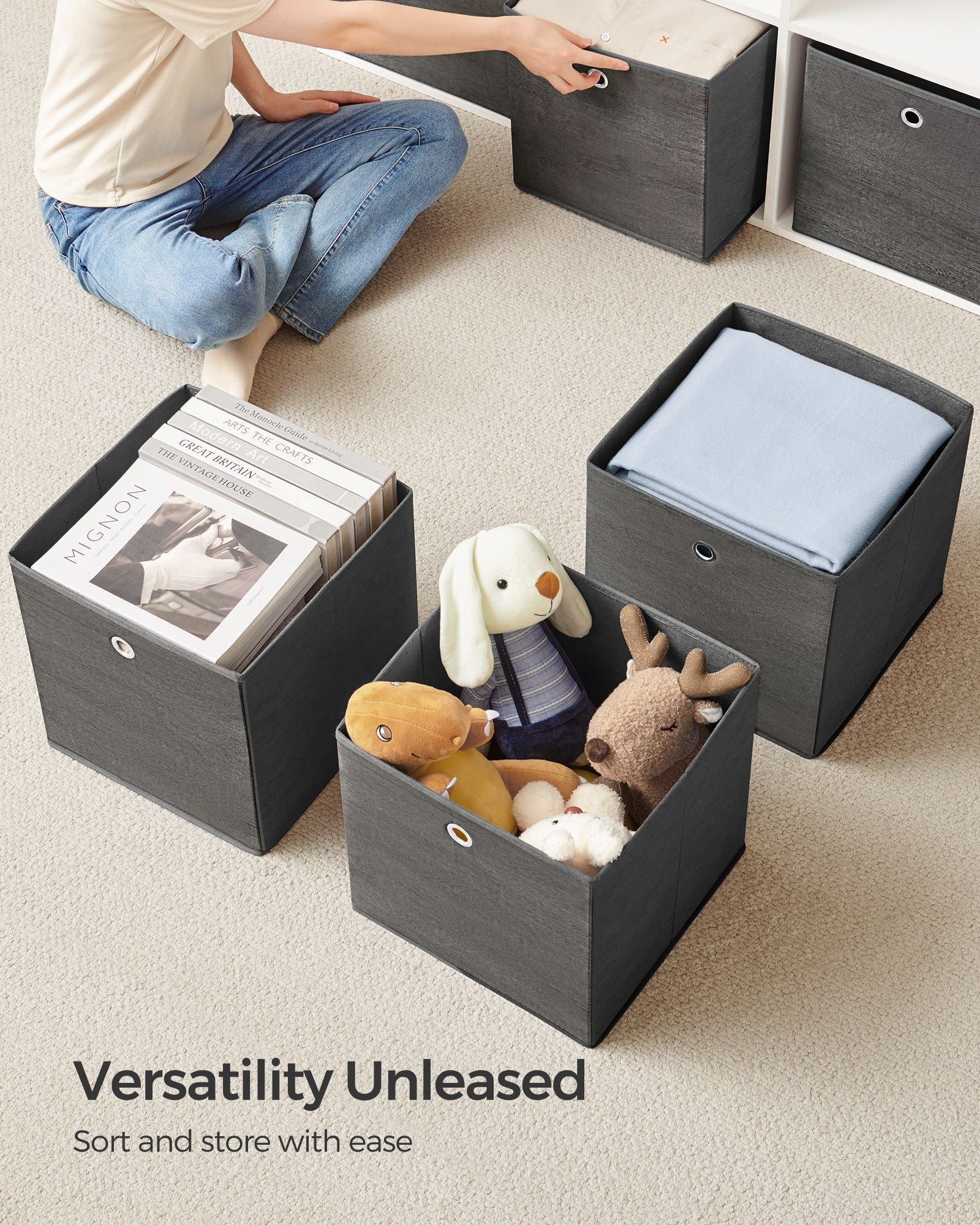 Set of 6 Foldable Non-Woven Fabric Storage Boxes – Gray – 33 x 33 x 33 cm – With Handle