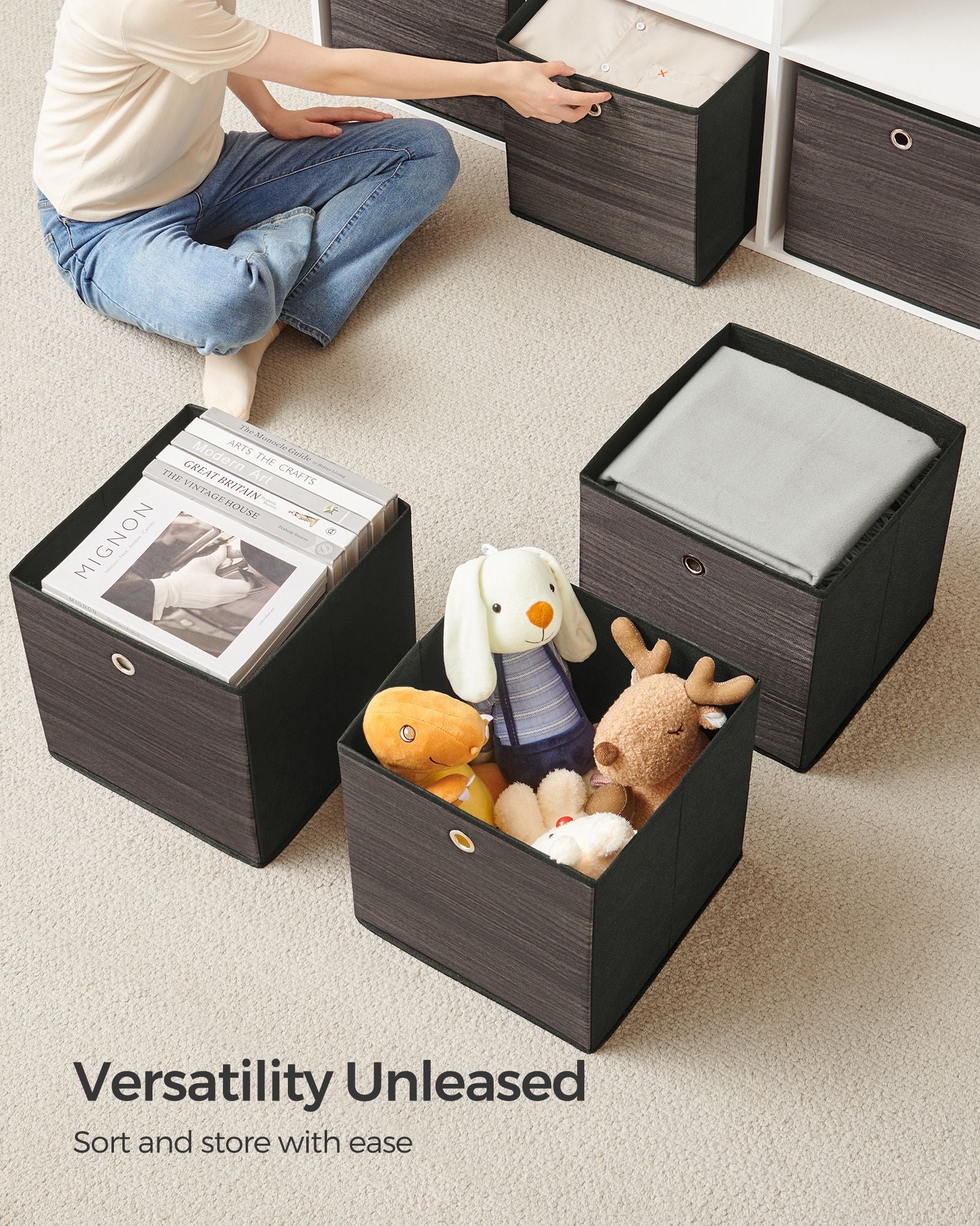 Set of 6 Foldable Storage Bins – Non-Woven Fabric – Misty Grey – With Handles, 33 x 33 x 33 cm