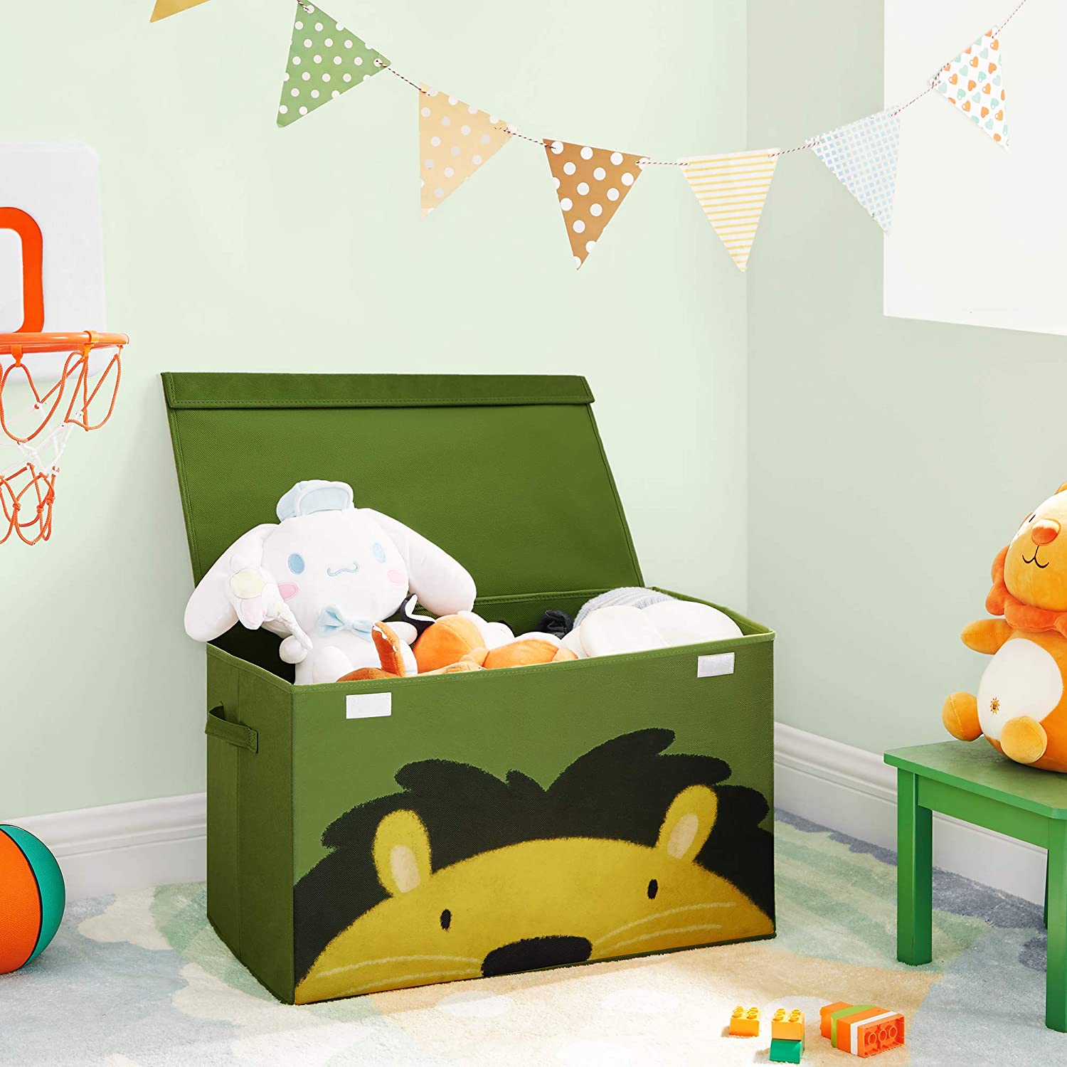 Toy Storage Organizer – Fabric – Green and Yellow – Foldable with Lid and Handle