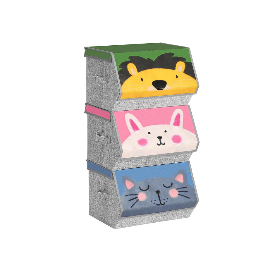 Set of 3 Stackable Toy Organiser Boxes – Fabric – Pink, Blue, Green, Grey – Magnetic Lid and Handles