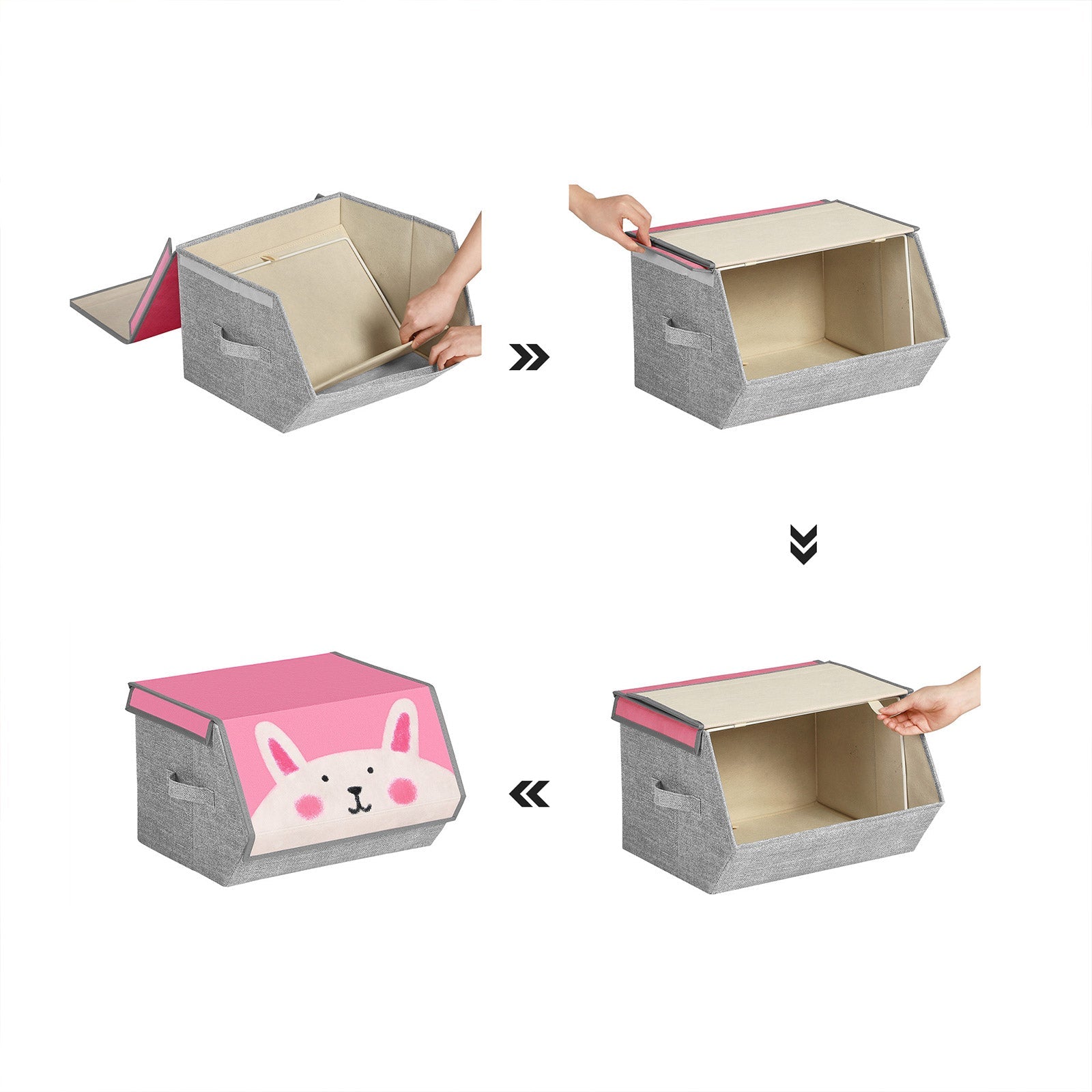 Set of 3 Stackable Toy Organiser Boxes – Fabric – Pink, Blue, Green, Grey – Magnetic Lid and Handles