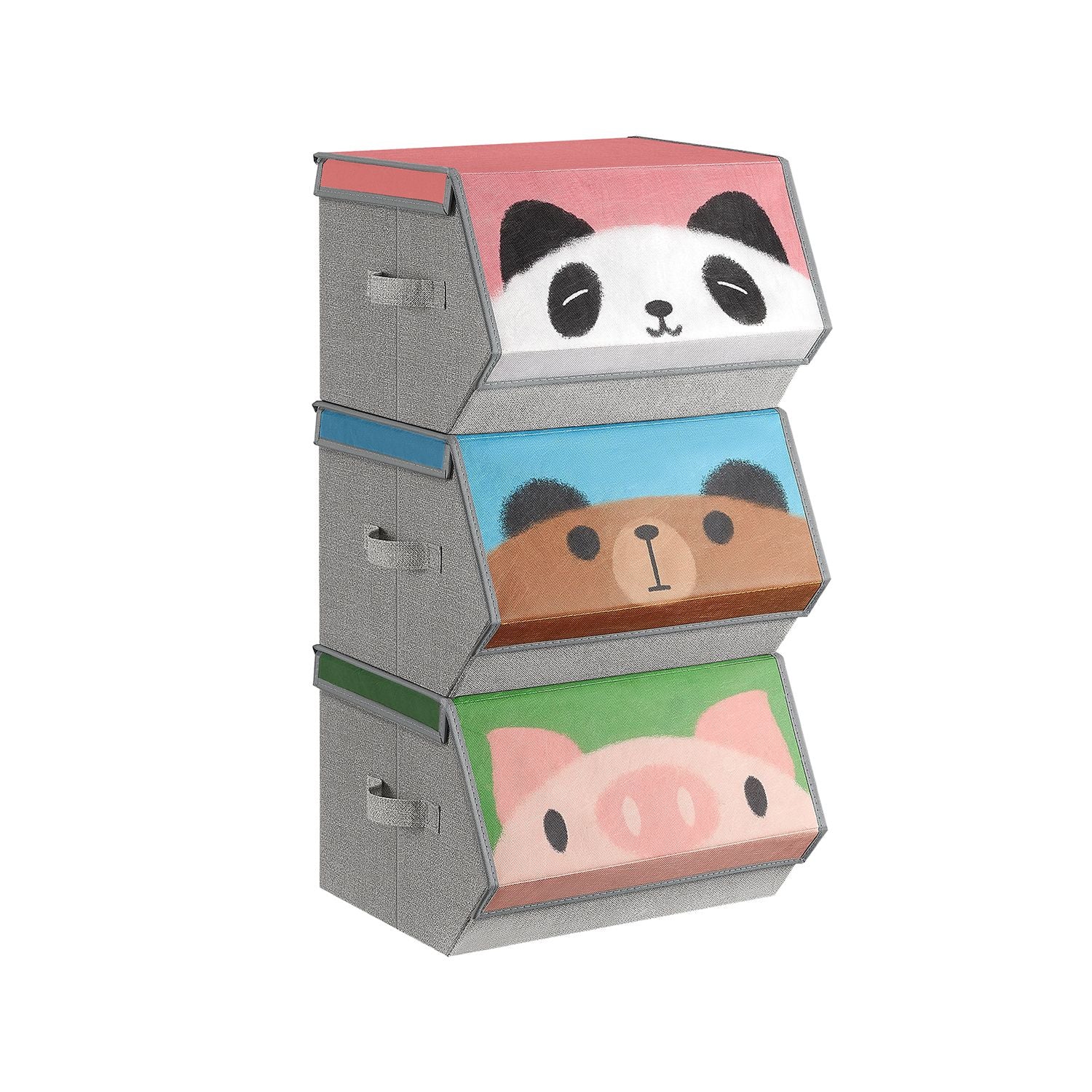 Set of 3 Stackable Toy Storage Organisers – Fabric – Pink, Blue, Green, Grey – Folding with Handles and Magnetic Lid
