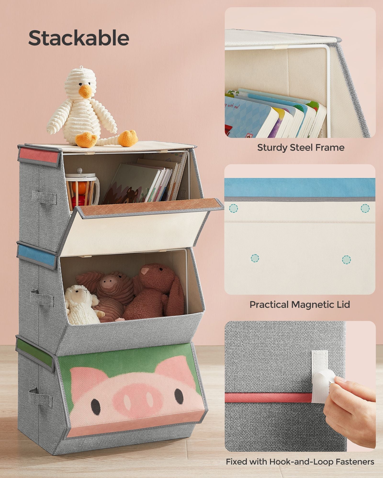 Set of 3 Stackable Toy Storage Organisers – Fabric – Pink, Blue, Green, Grey – Folding with Handles and Magnetic Lid