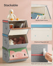 Set of 3 Stackable Toy Storage Organisers – Fabric – Pink, Blue, Green, Grey – Folding with Handles and Magnetic Lid