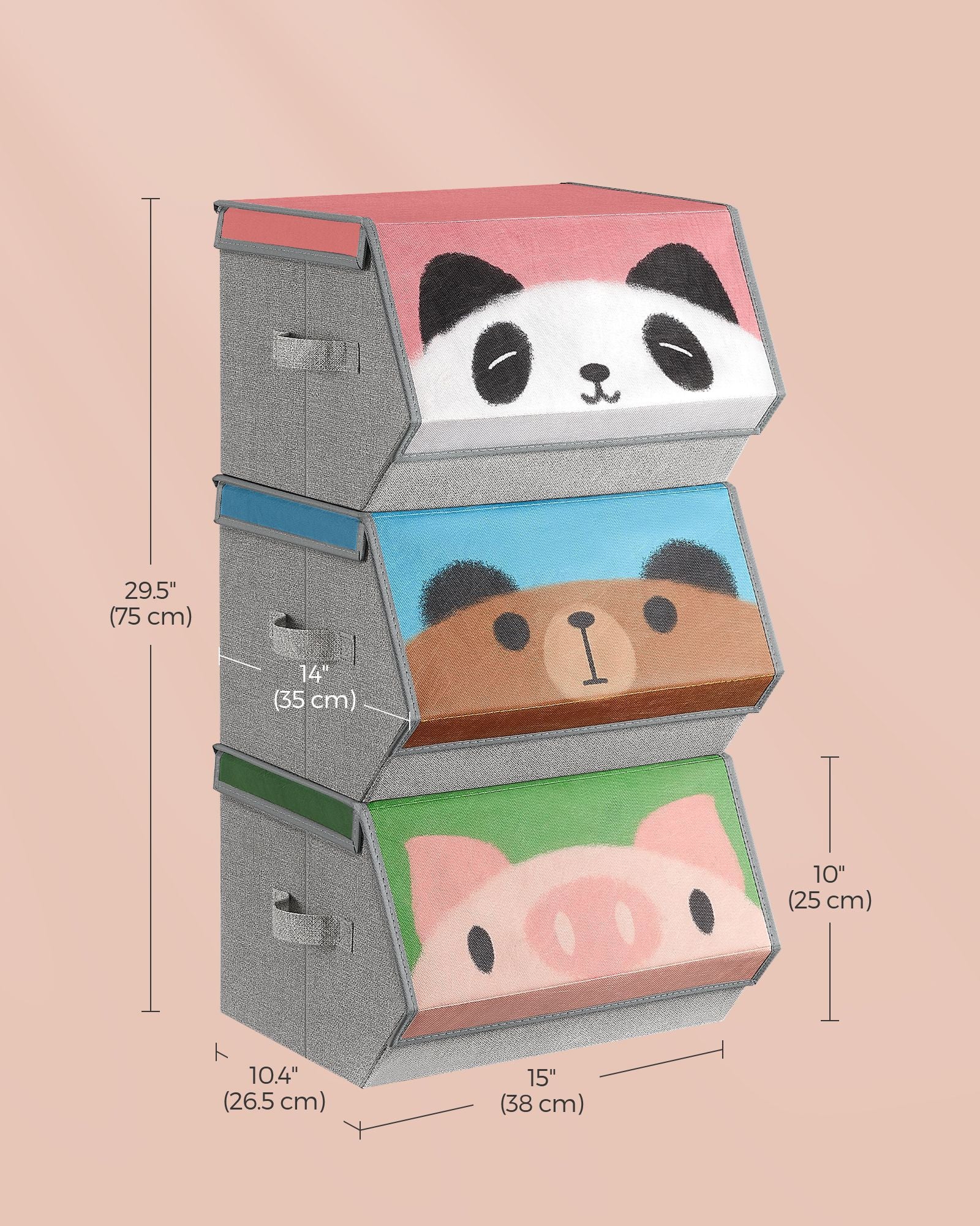 Set of 3 Stackable Toy Storage Organisers – Fabric – Pink, Blue, Green, Grey – Folding with Handles and Magnetic Lid