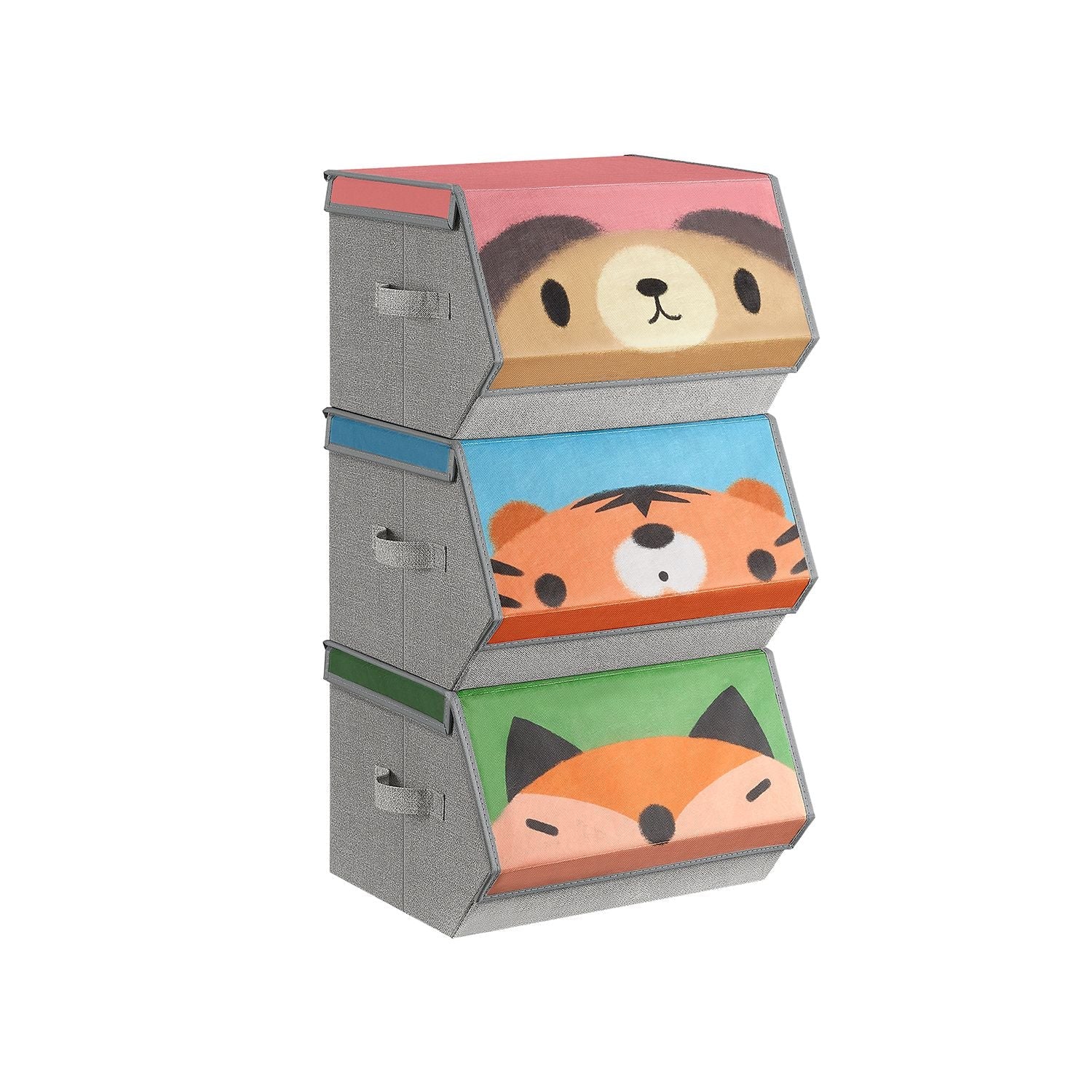Set of 3 Stackable Toy Storage Organisers – Fabric – Pink, Blue, Green, Grey – Folding with Handles and Magnetic Lid