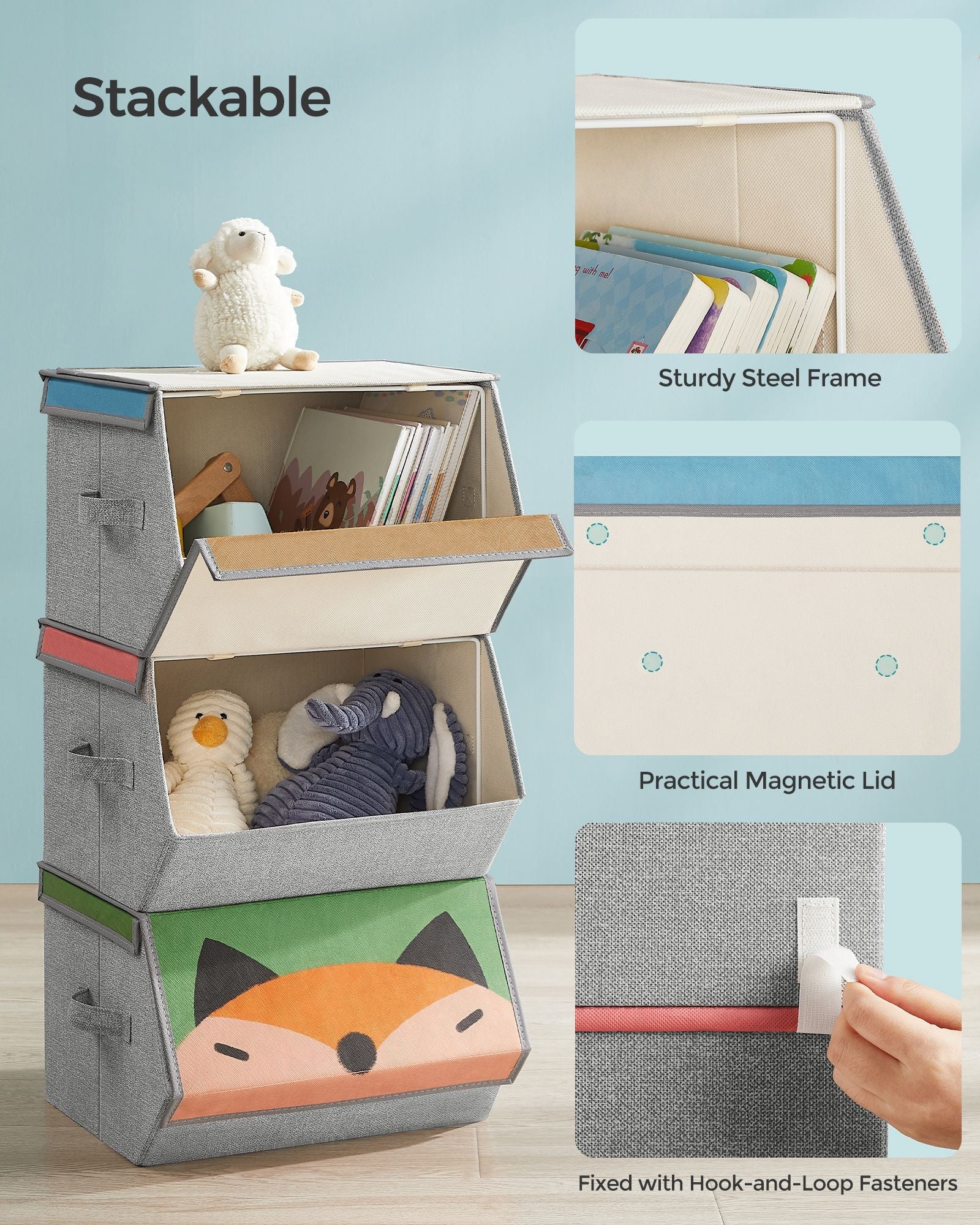 Set of 3 Stackable Toy Storage Organisers – Fabric – Pink, Blue, Green, Grey – Folding with Handles and Magnetic Lid