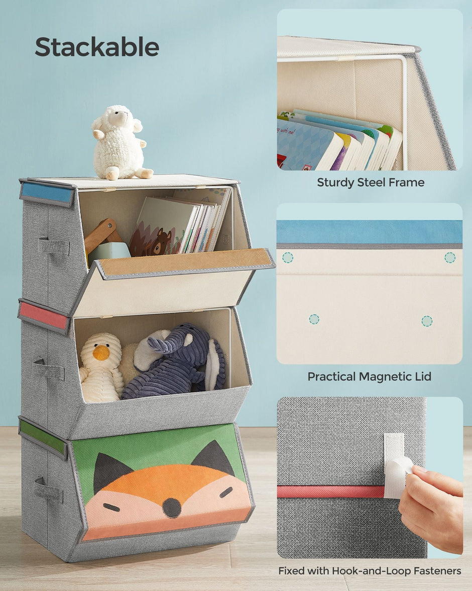 Set of 3 Stackable Toy Storage Organisers – Fabric – Pink, Blue, Green, Grey – Folding with Handles and Magnetic Lid