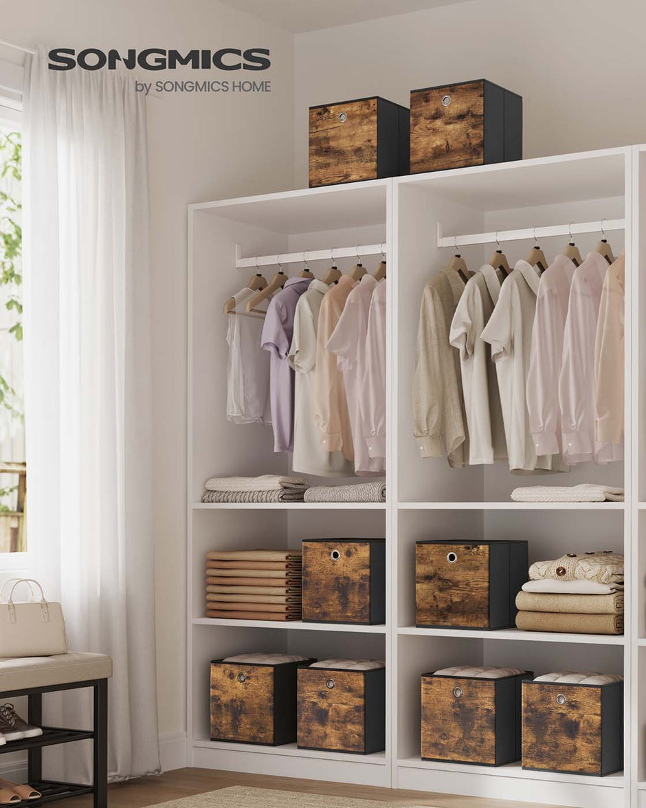 Foldable Storage Cubes – Fabric – Rustic Brown and Ink Black – Set of 8, Ideal for Organizers and Shelves