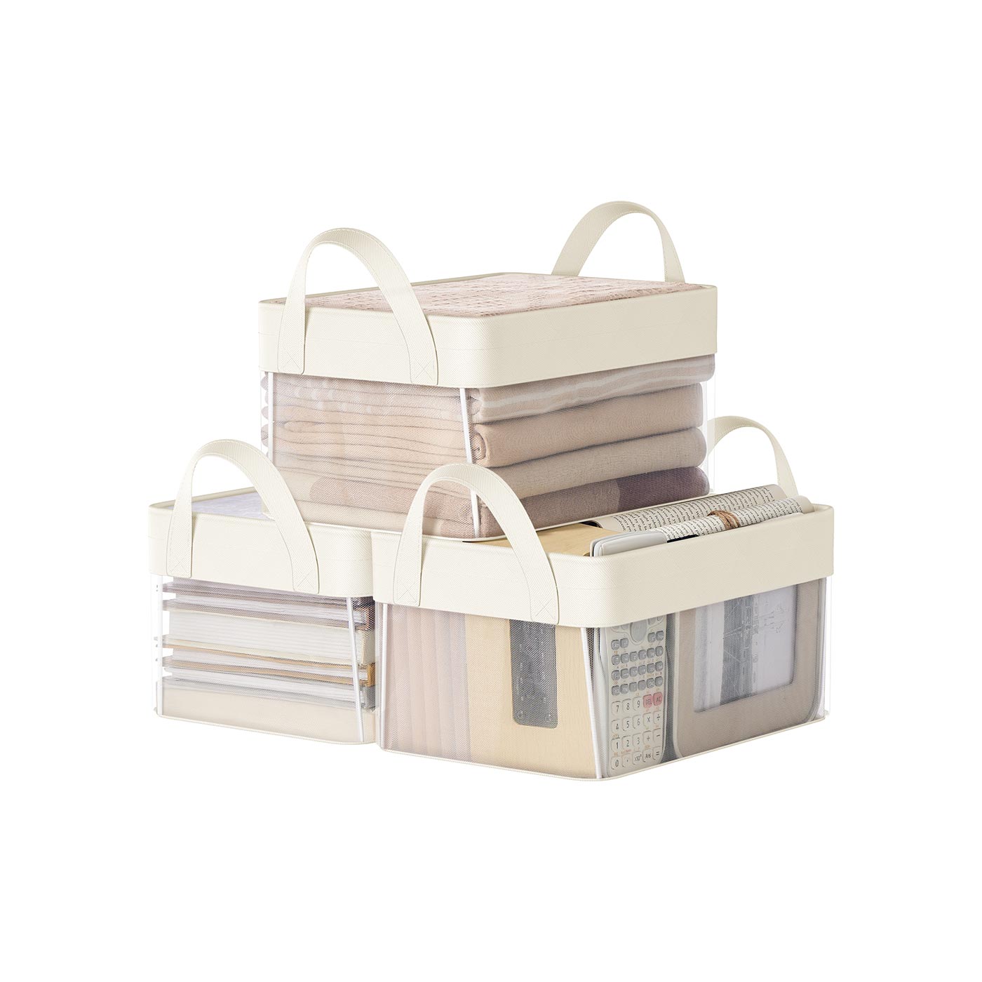 Storage Bins Set of 3 – Fabric – Cream White – Foldable with Transparent Nylon Mesh Handles