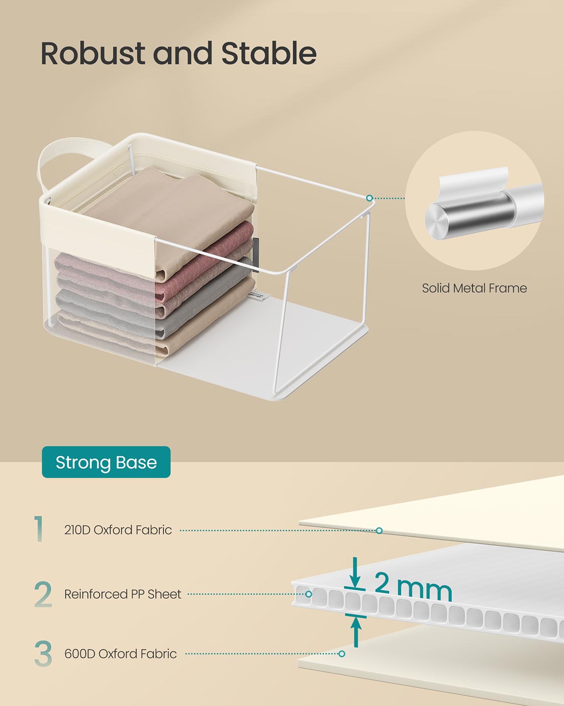 Storage Bins Set of 3 – Fabric – Cream White – Foldable with Transparent Nylon Mesh Handles