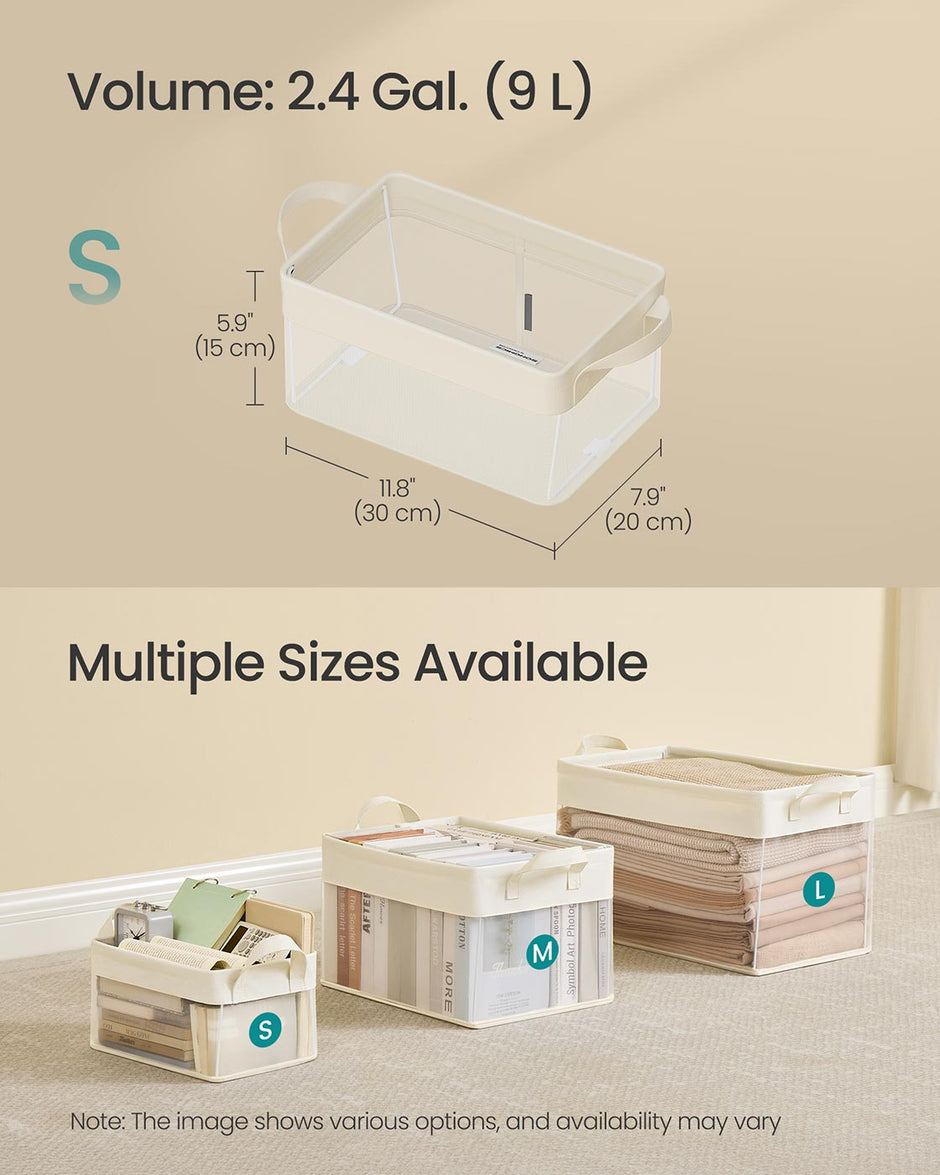 Storage Bins Set of 3 – Fabric – Cream White – Foldable with Transparent Nylon Mesh Handles