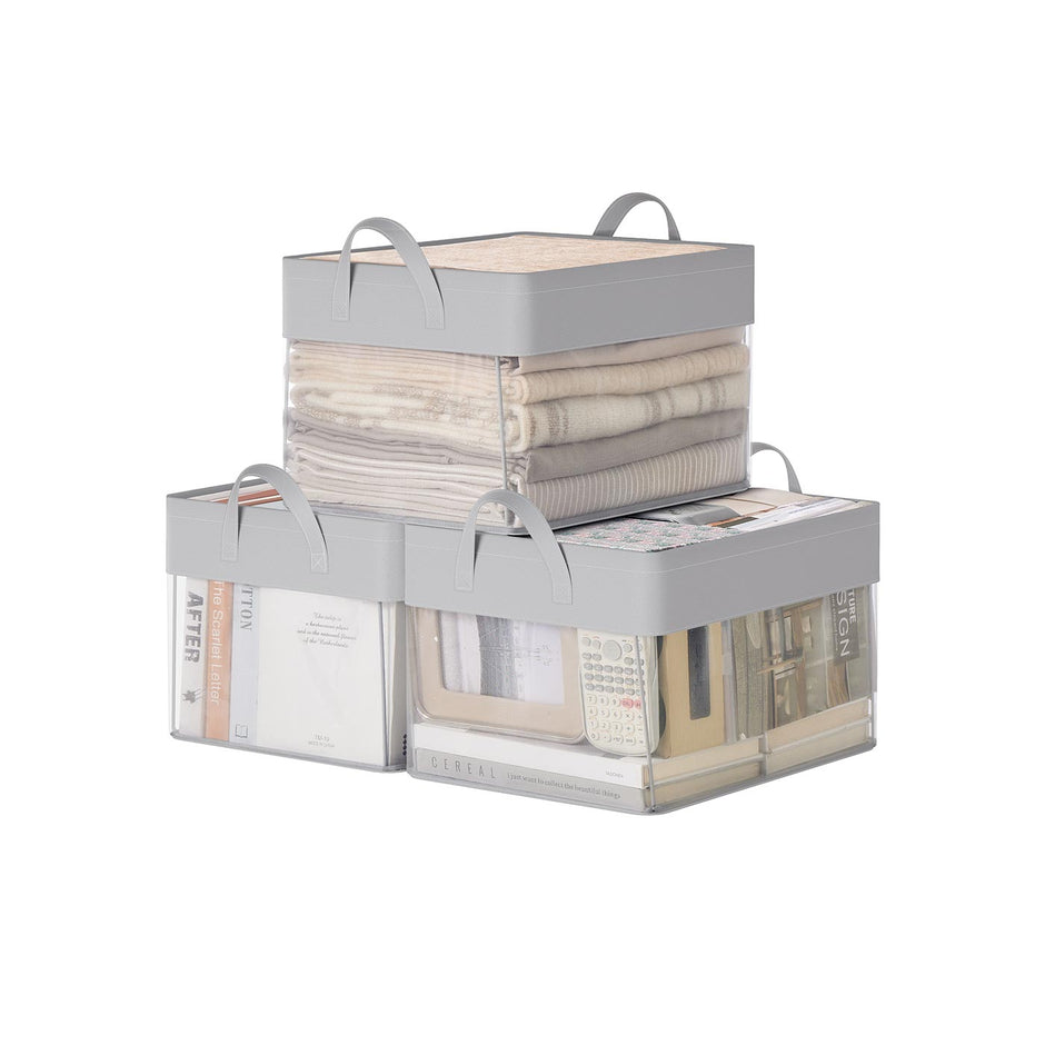 Medium Fabric Storage Bins – Dove Grey – Set of 3 – Foldable Design with Handles