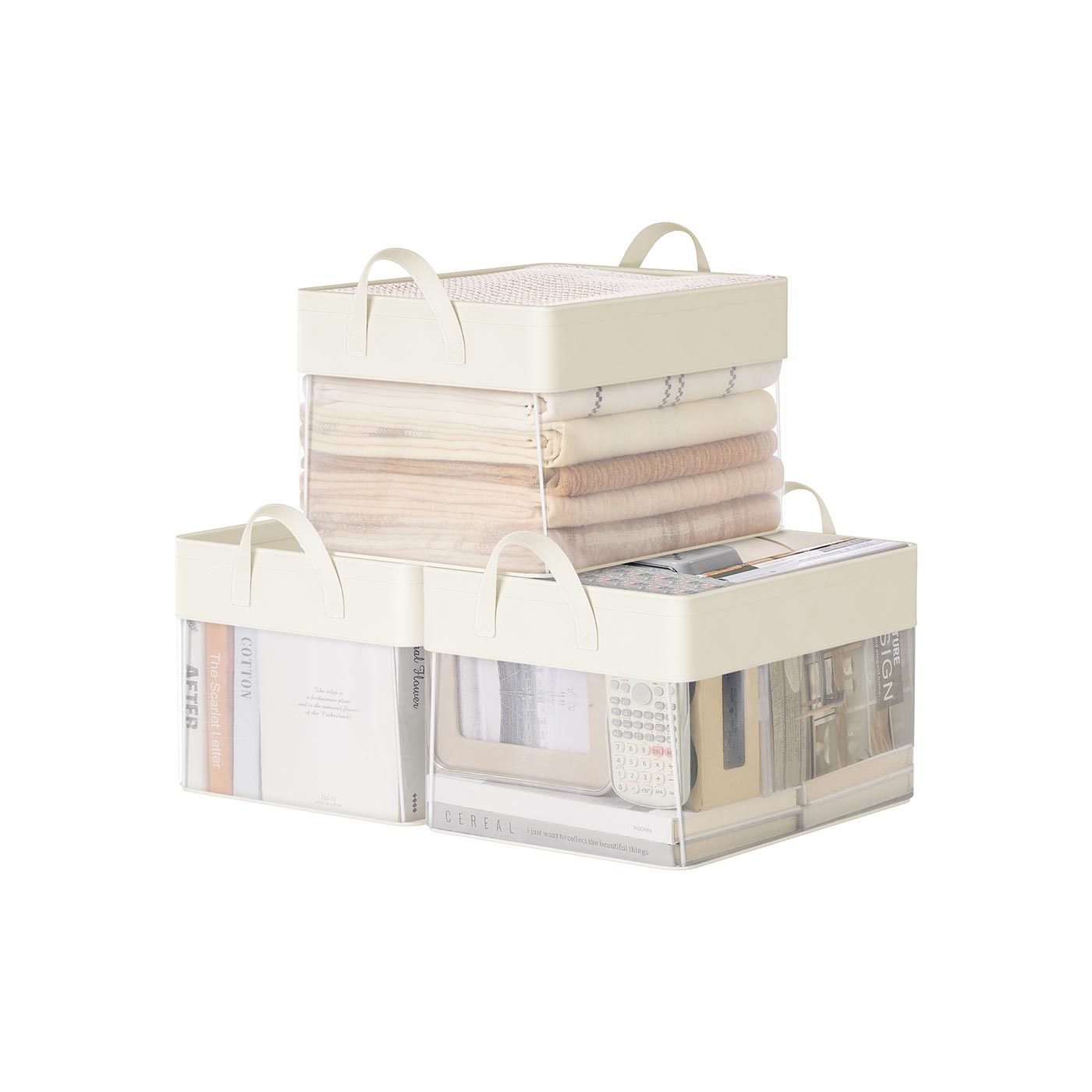 Medium Fabric Storage Bins Set of 3 – Cream White – Foldable with Handles