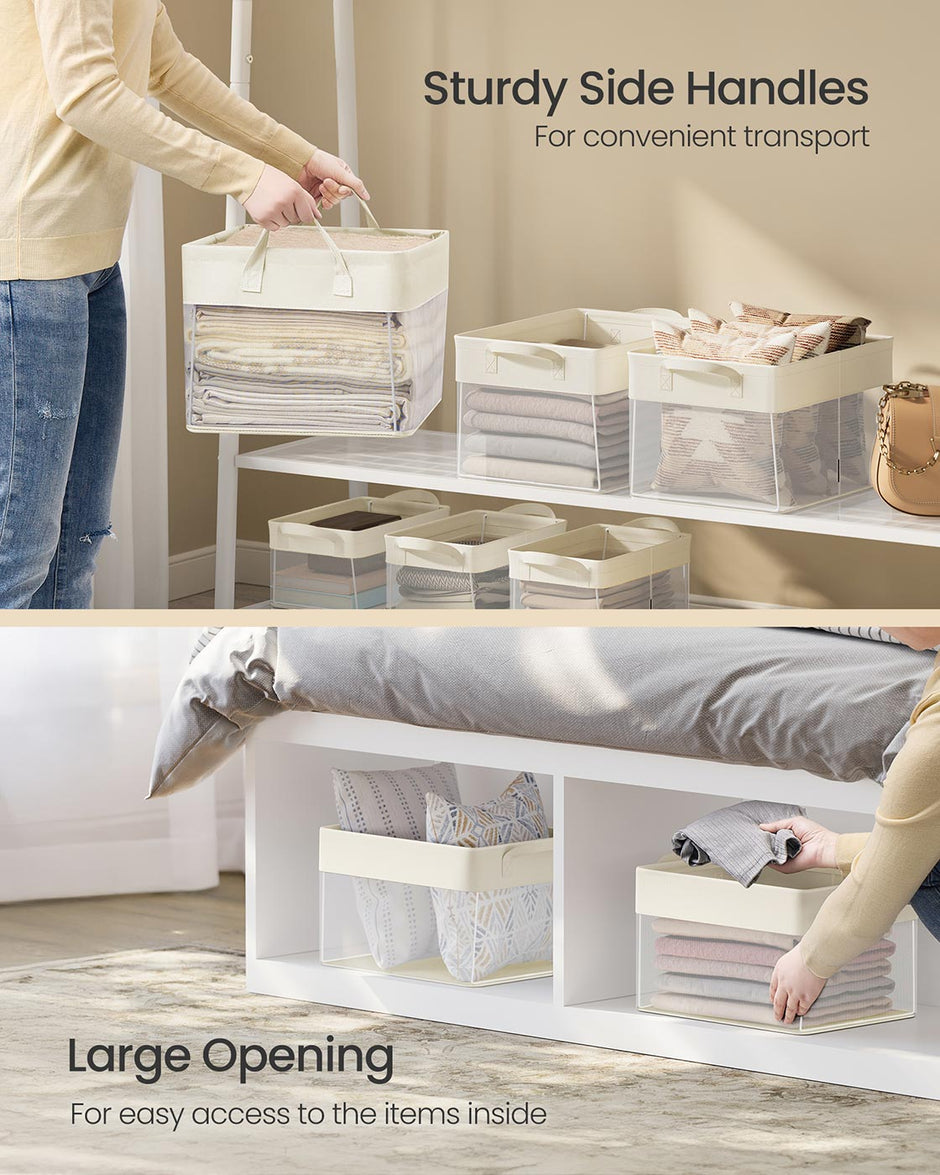 Medium Fabric Storage Bins Set of 3 – Cream White – Foldable with Handles