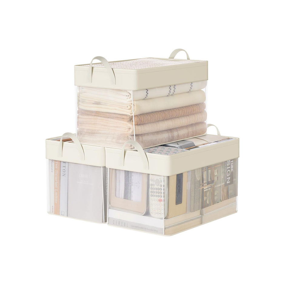 Set of 3 Large Fabric Storage Bins – Fabric – Cream White – Foldable Design
