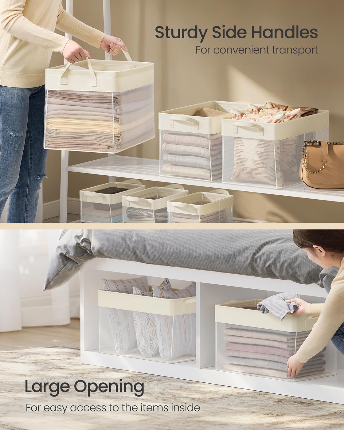 Set of 3 Large Fabric Storage Bins – Fabric – Cream White – Foldable Design