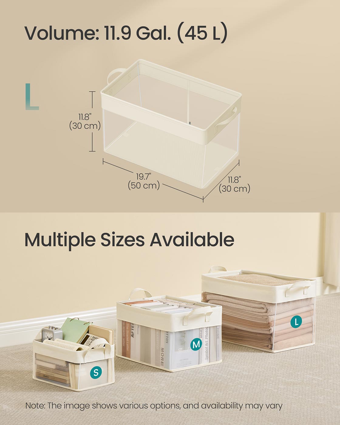 Set of 3 Large Fabric Storage Bins – Fabric – Cream White – Foldable Design