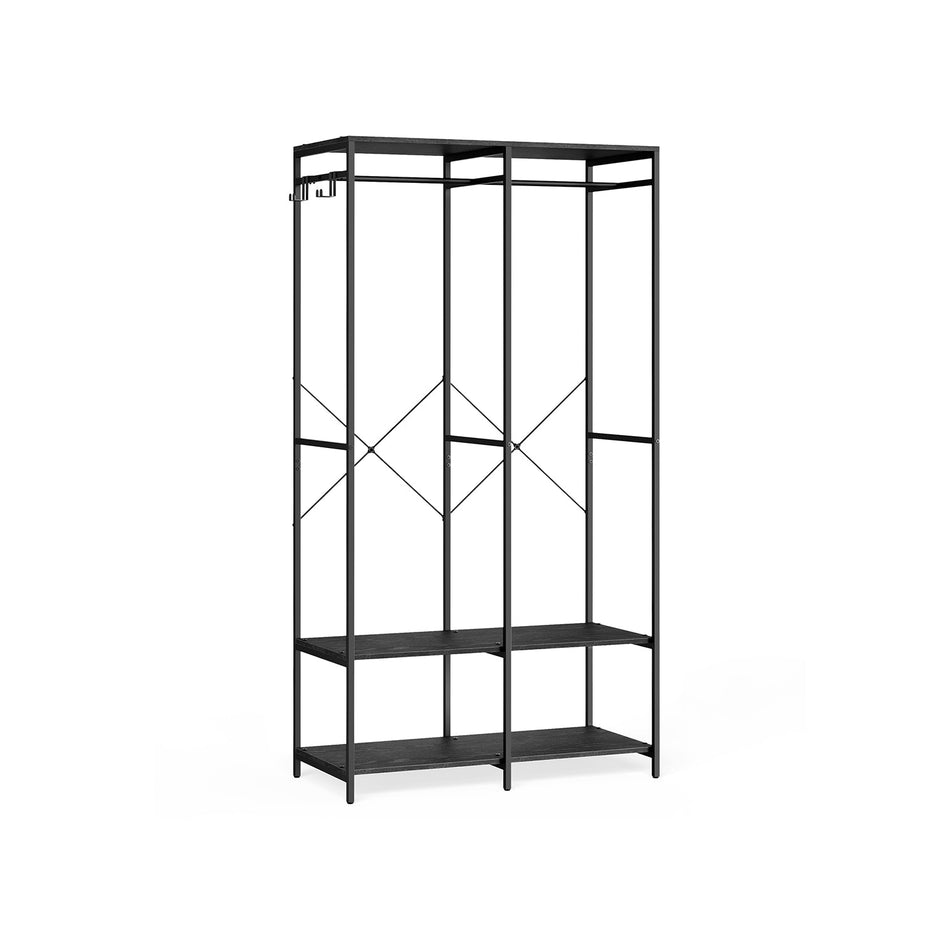 Portable Clothes Wardrobe – Fabric – Ebony Black – Foldable with Hanging Rods and Storage Shelves