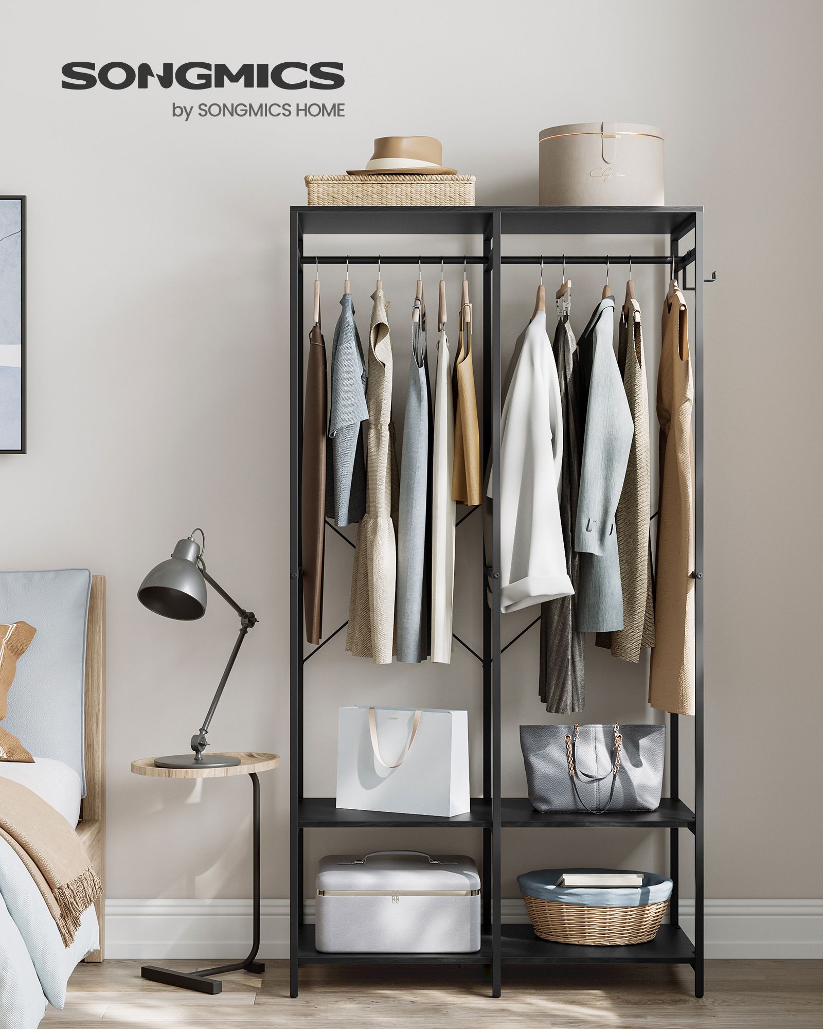 Portable Clothes Wardrobe – Fabric – Ebony Black – Foldable with Hanging Rods and Storage Shelves