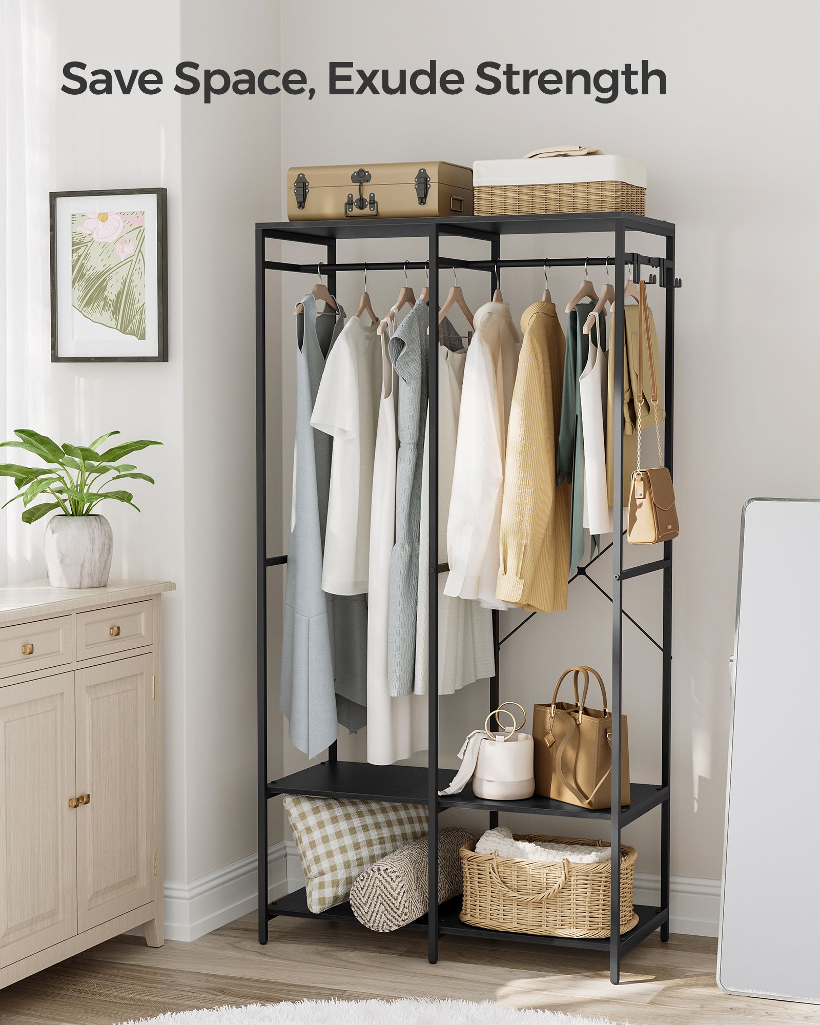 Portable Clothes Wardrobe – Fabric – Ebony Black – Foldable with Hanging Rods and Storage Shelves