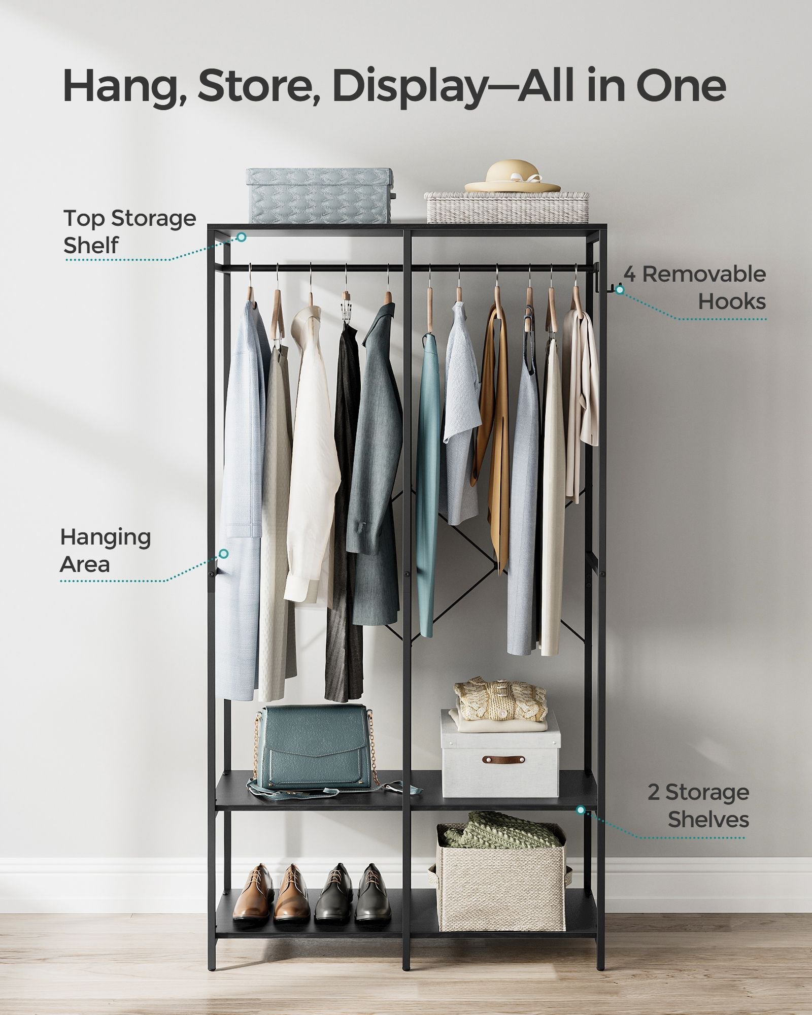 Portable Clothes Wardrobe – Fabric – Ebony Black – Foldable with Hanging Rods and Storage Shelves