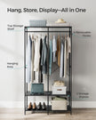 Portable Clothes Wardrobe – Fabric – Ebony Black – Foldable with Hanging Rods and Storage Shelves