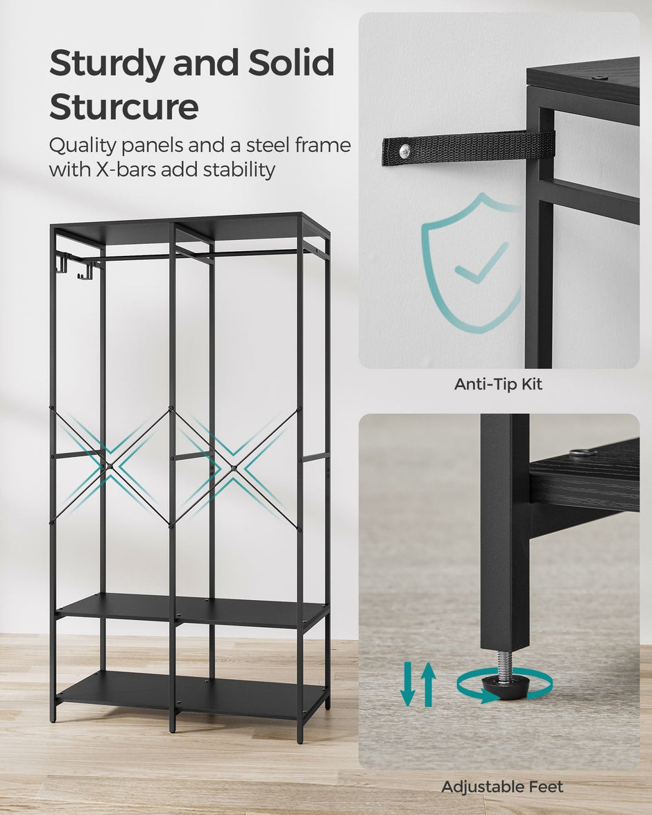 Portable Clothes Wardrobe – Fabric – Ebony Black – Foldable with Hanging Rods and Storage Shelves