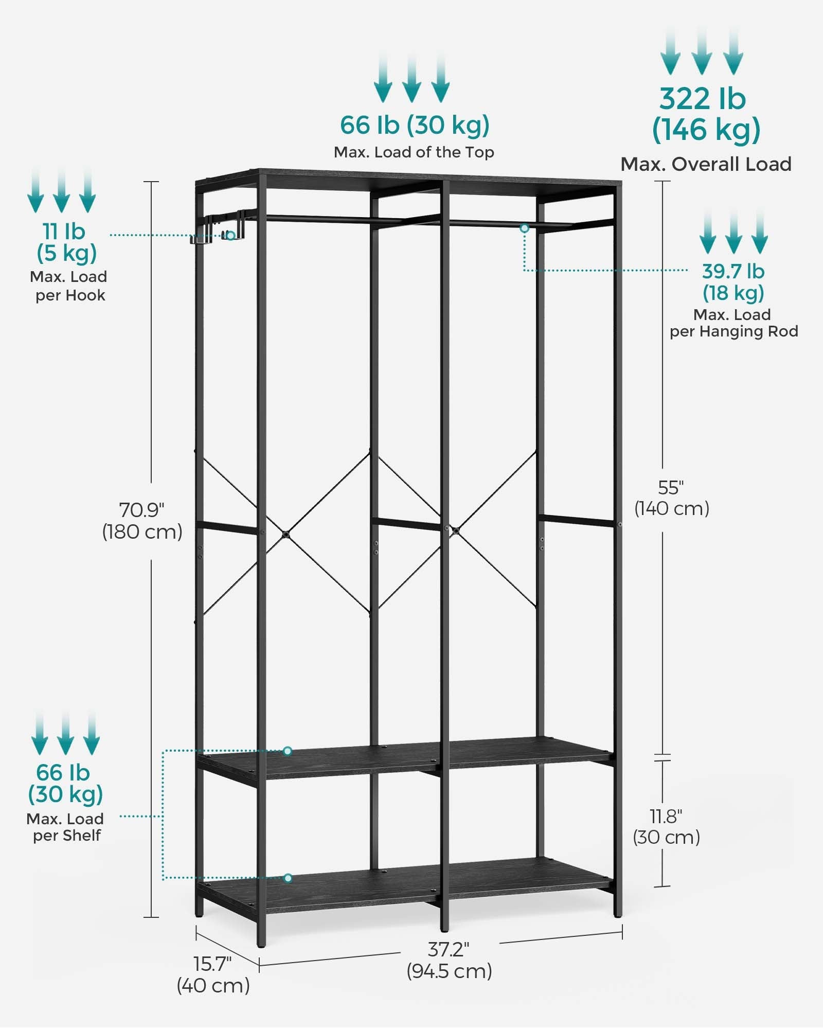 Portable Clothes Wardrobe – Fabric – Ebony Black – Foldable with Hanging Rods and Storage Shelves