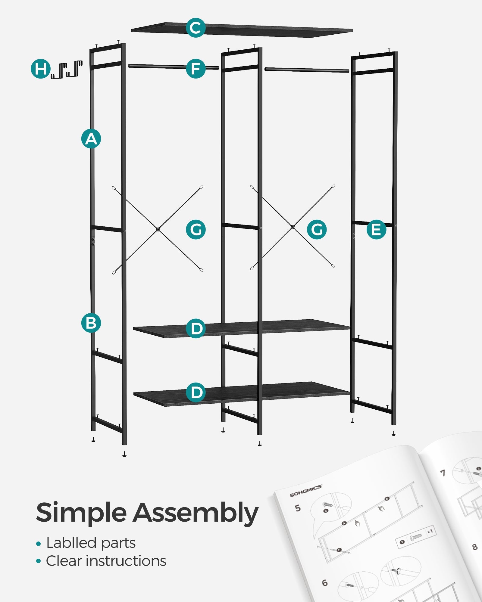 Portable Clothes Wardrobe – Fabric – Ebony Black – Foldable with Hanging Rods and Storage Shelves