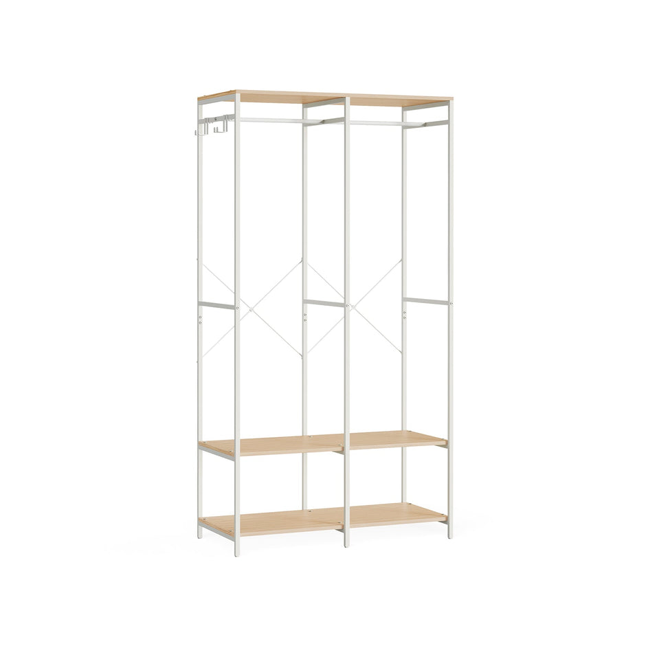 Portable Clothes Wardrobe – Fabric – Natural Beige – Foldable with Hanging Rods and Storage Shelves