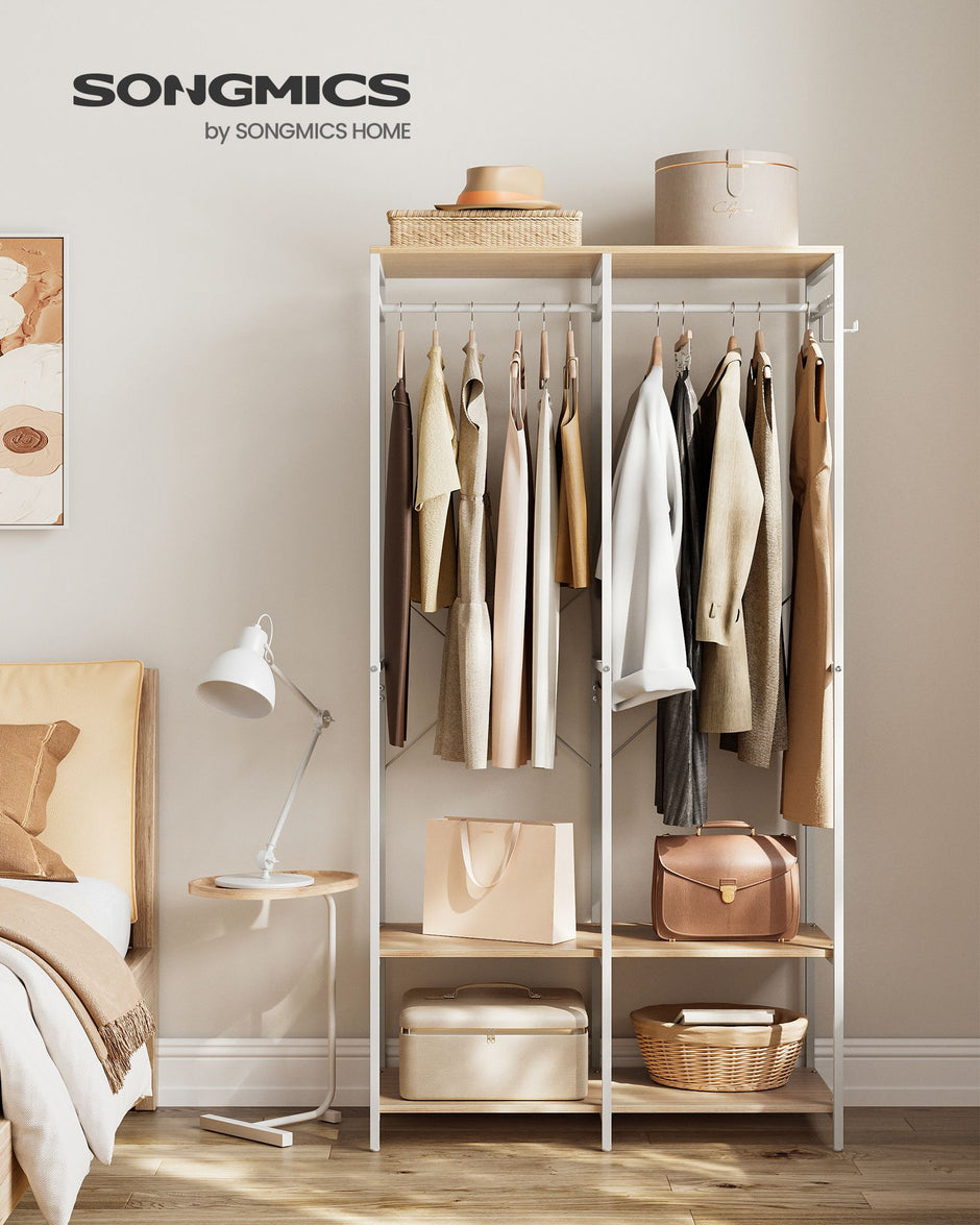 Portable Clothes Wardrobe – Fabric – Natural Beige – Foldable with Hanging Rods and Storage Shelves