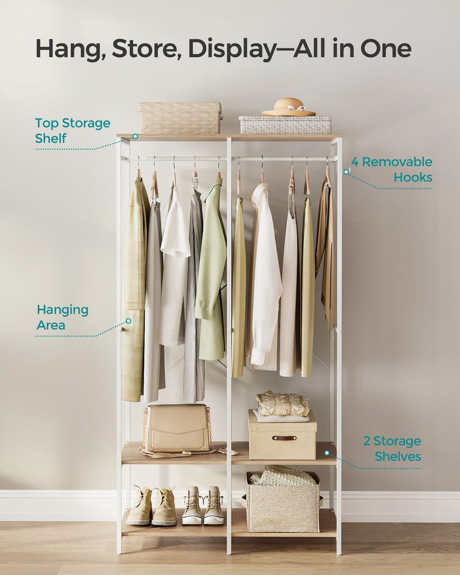 Portable Clothes Wardrobe – Fabric – Natural Beige – Foldable with Hanging Rods and Storage Shelves