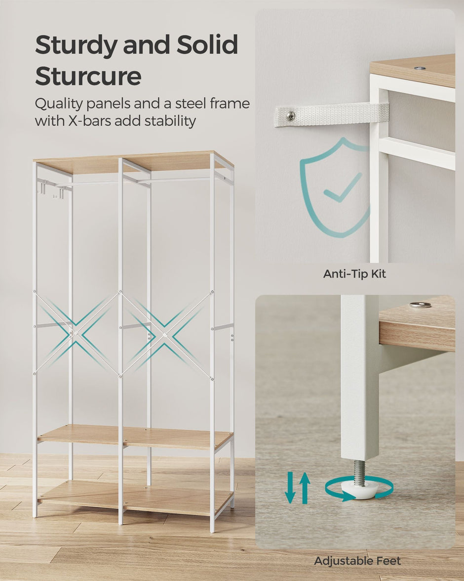 Portable Clothes Wardrobe – Fabric – Natural Beige – Foldable with Hanging Rods and Storage Shelves