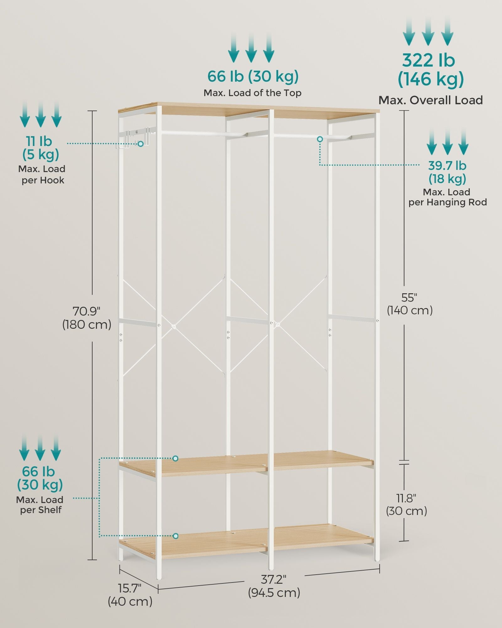 Portable Clothes Wardrobe – Fabric – Natural Beige – Foldable with Hanging Rods and Storage Shelves