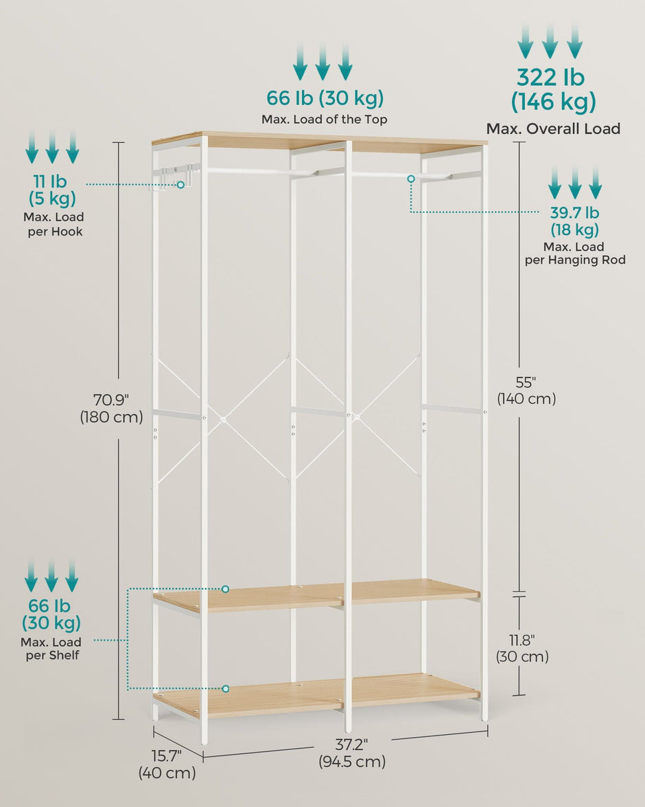 Portable Clothes Wardrobe – Fabric – Natural Beige – Foldable with Hanging Rods and Storage Shelves