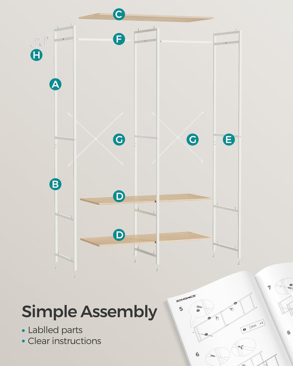 Portable Clothes Wardrobe – Fabric – Natural Beige – Foldable with Hanging Rods and Storage Shelves