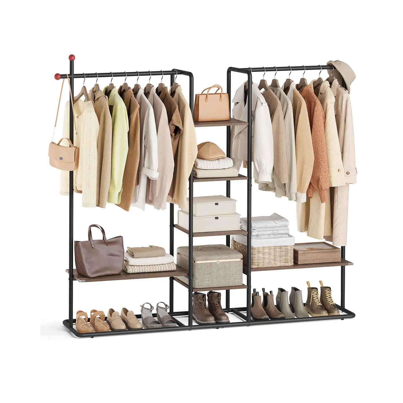 Clothes Rack – Wood – Natural Walnut and Ink Black – Heavy-Duty with 6 Shelves and 2 Hanging Rails