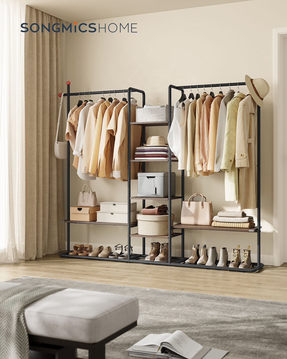 Clothes Rack – Wood – Natural Walnut and Ink Black – Heavy-Duty with 6 Shelves and 2 Hanging Rails