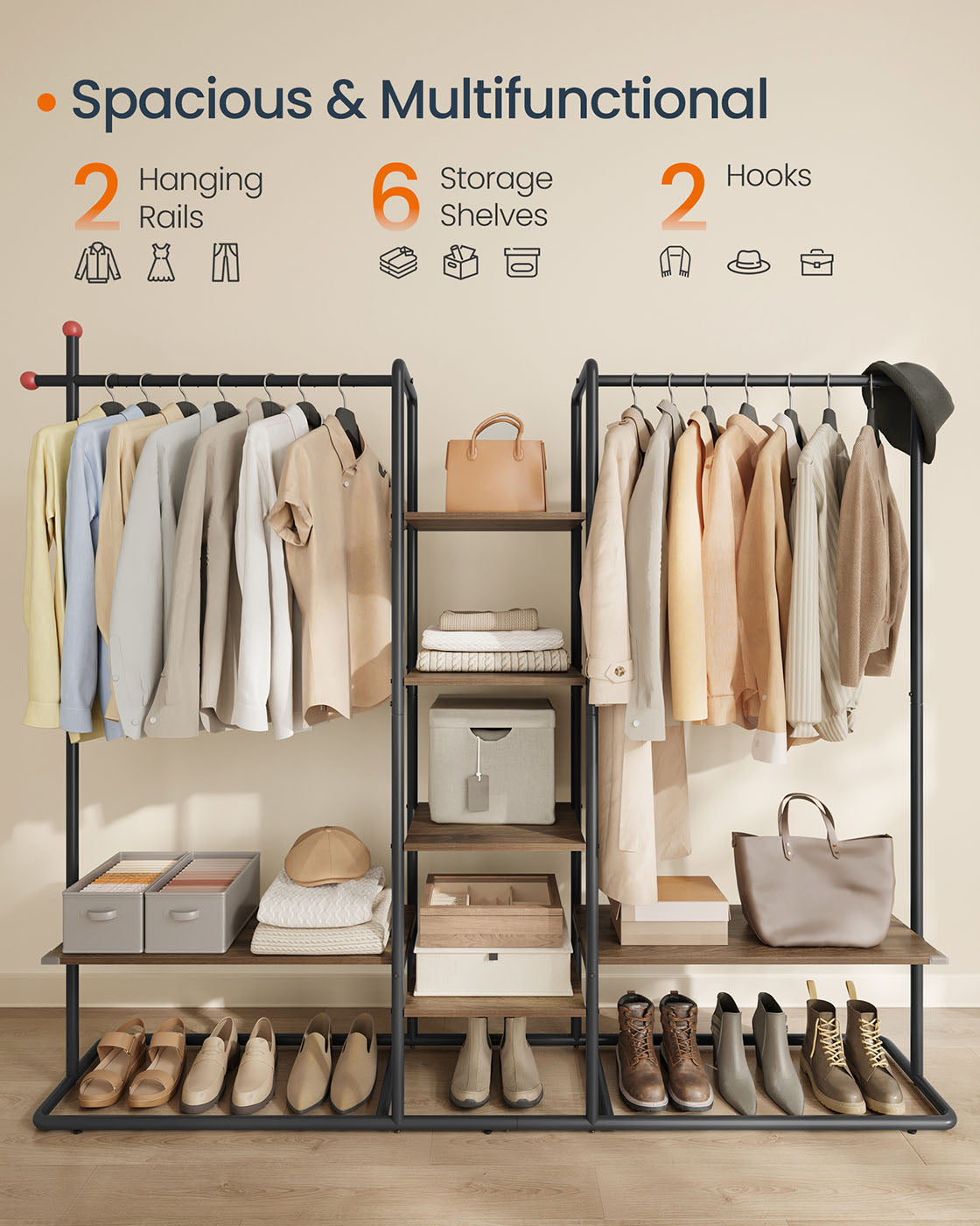 Clothes Rack – Wood – Natural Walnut and Ink Black – Heavy-Duty with 6 Shelves and 2 Hanging Rails